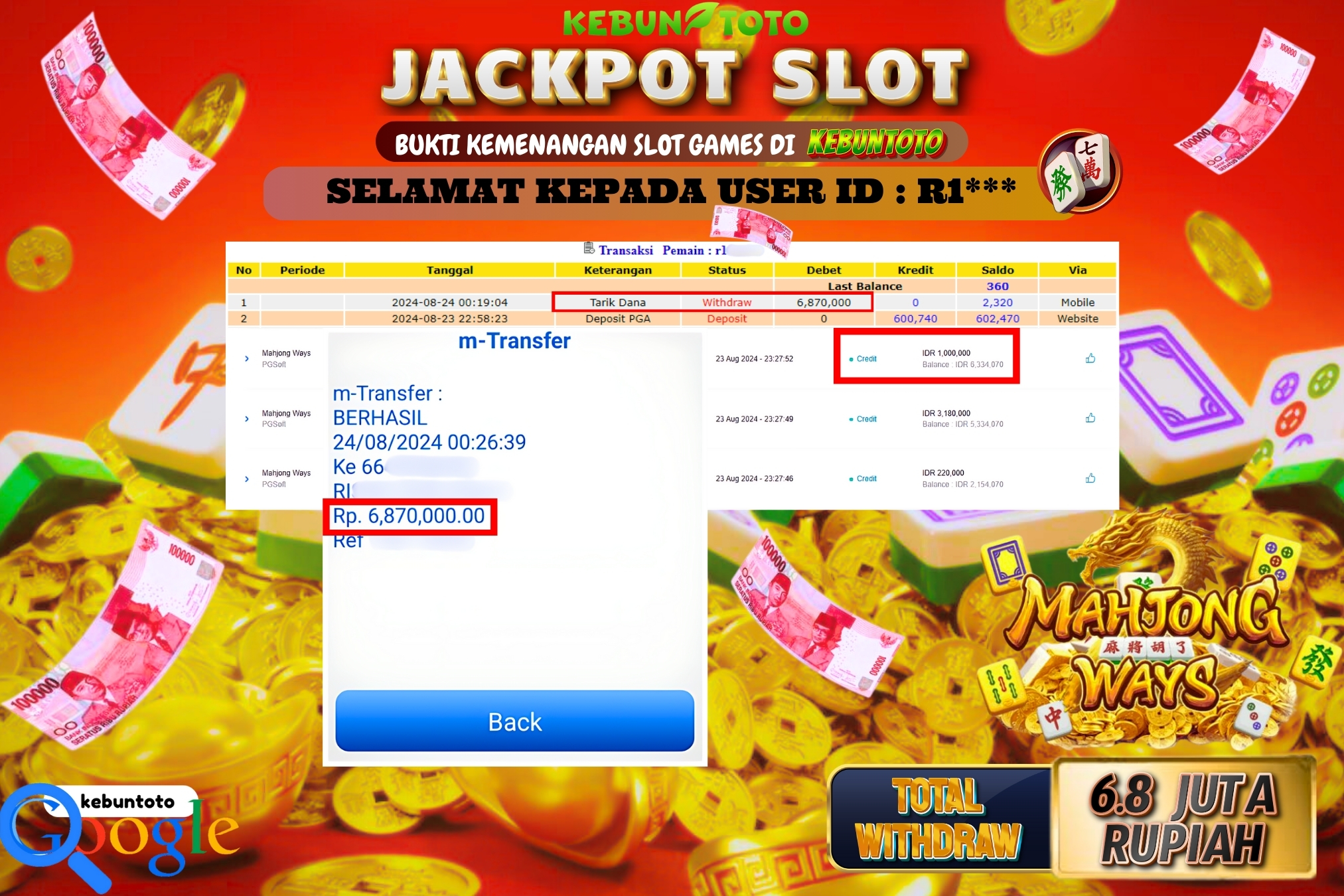 KEBUNTOTO JACKPOT SLOT MAHJONG WAYS Rp.6.870.000,- LUNAS