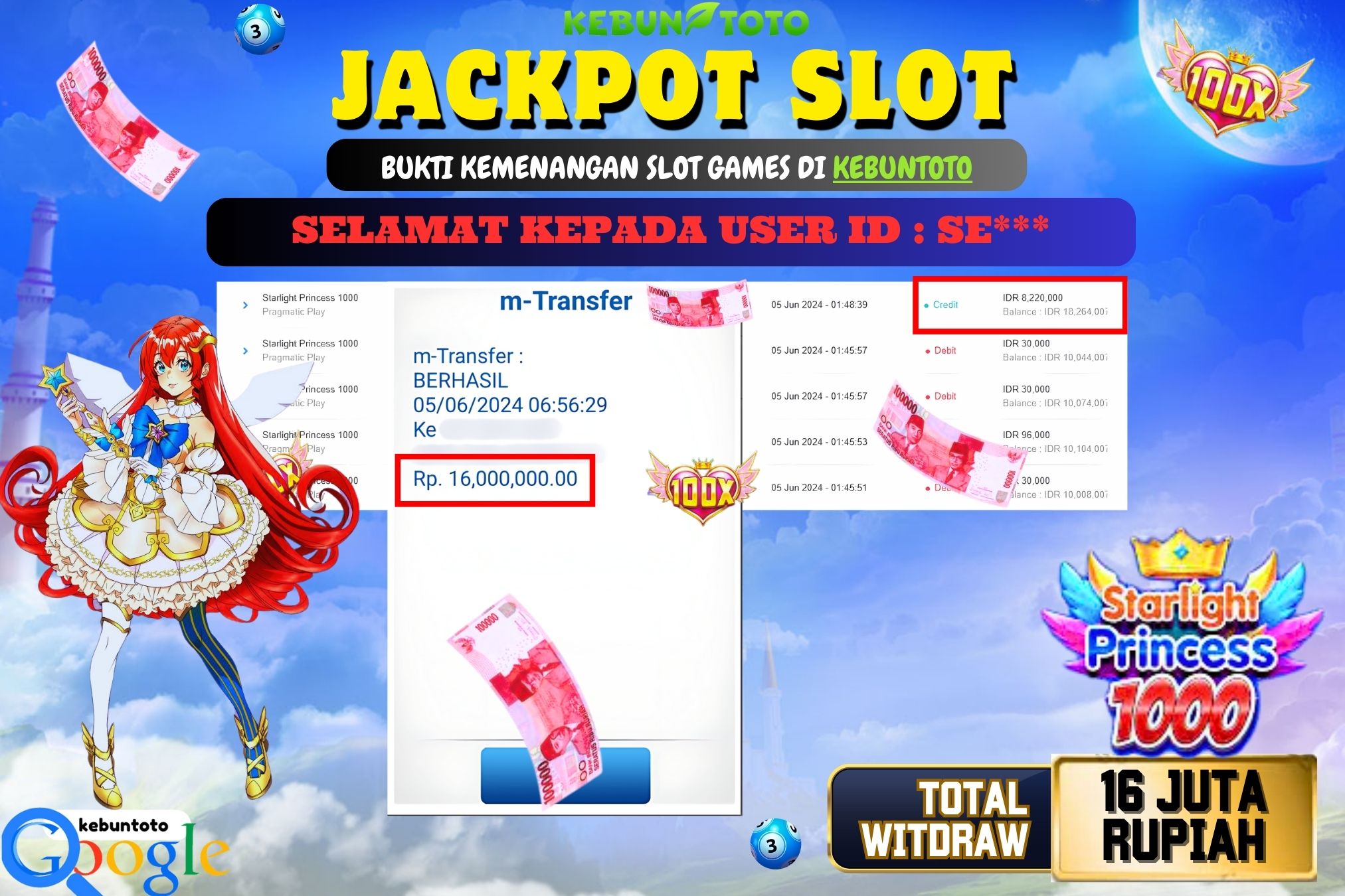 KEBUNTOTO JACKPOT SLOT STARLIGHT PRINCESS 1000 Rp.16.000.000,- LUNAS