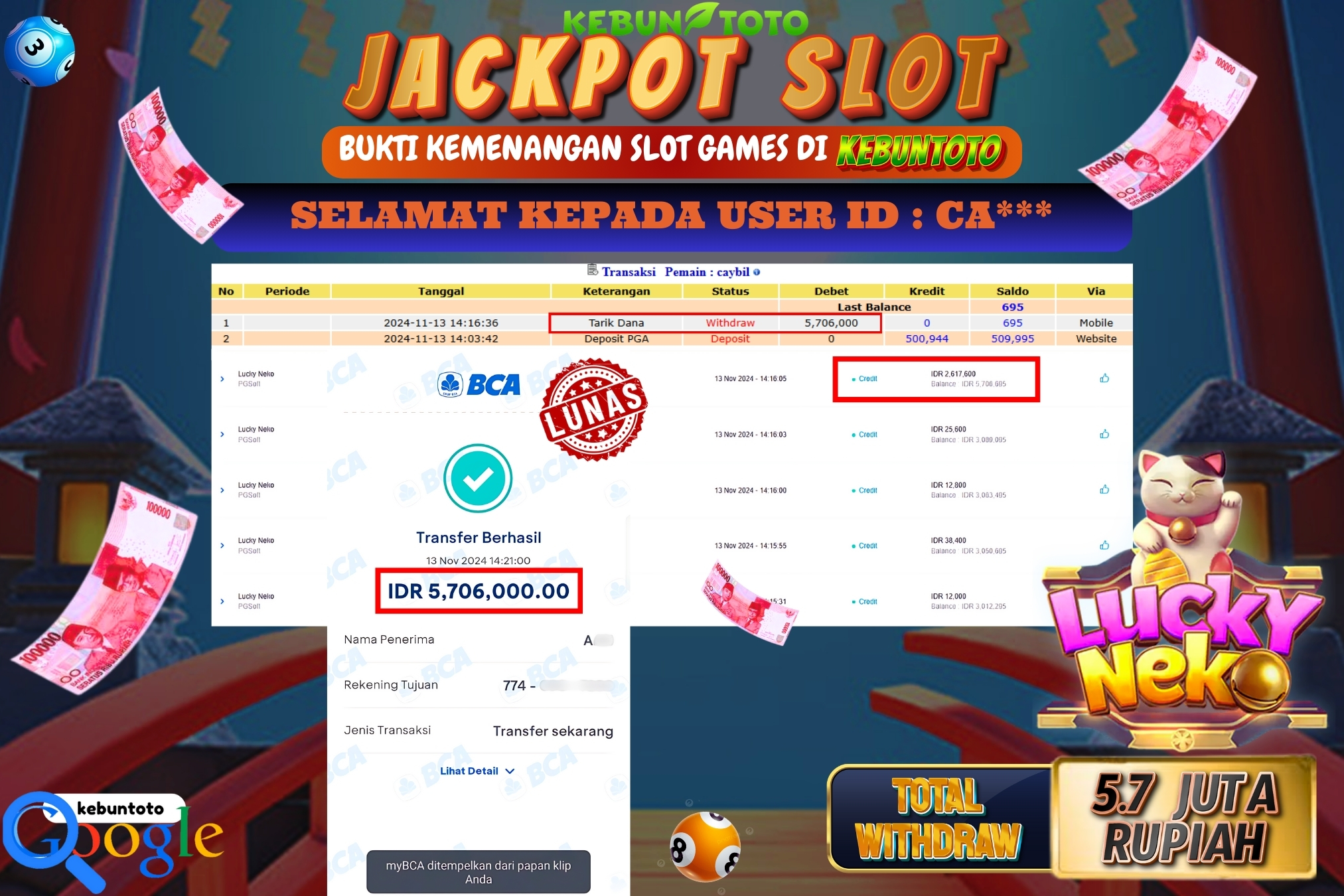 KEBUNTOTO JACKPOT SLOT LUCKY NEKO Rp.5.706.000,- LUNAS