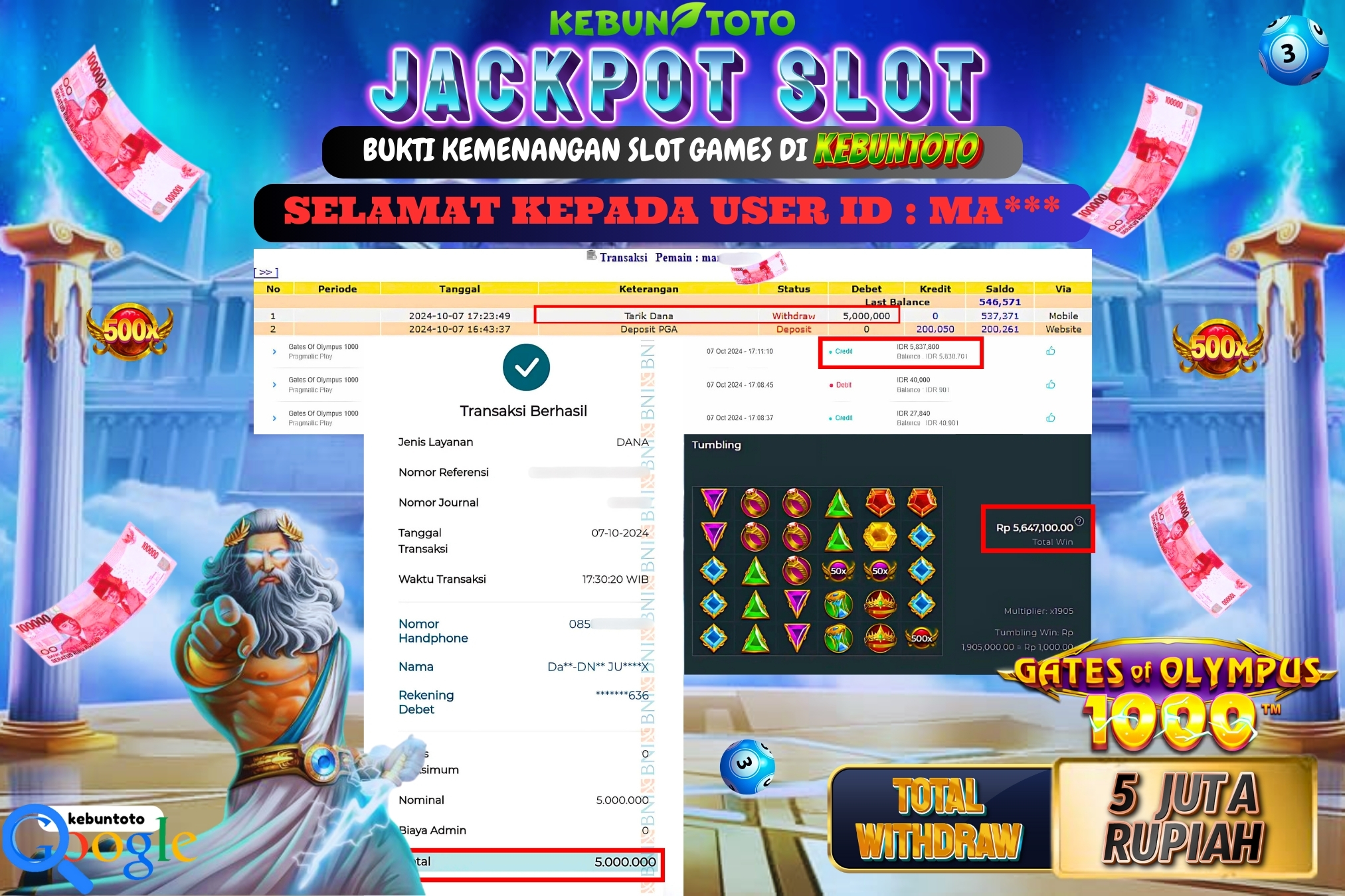 KEBUNTOTO JACKPOT SLOT GATES OF OLYMPUS 1000 Rp.5.000.000,- LUNAS