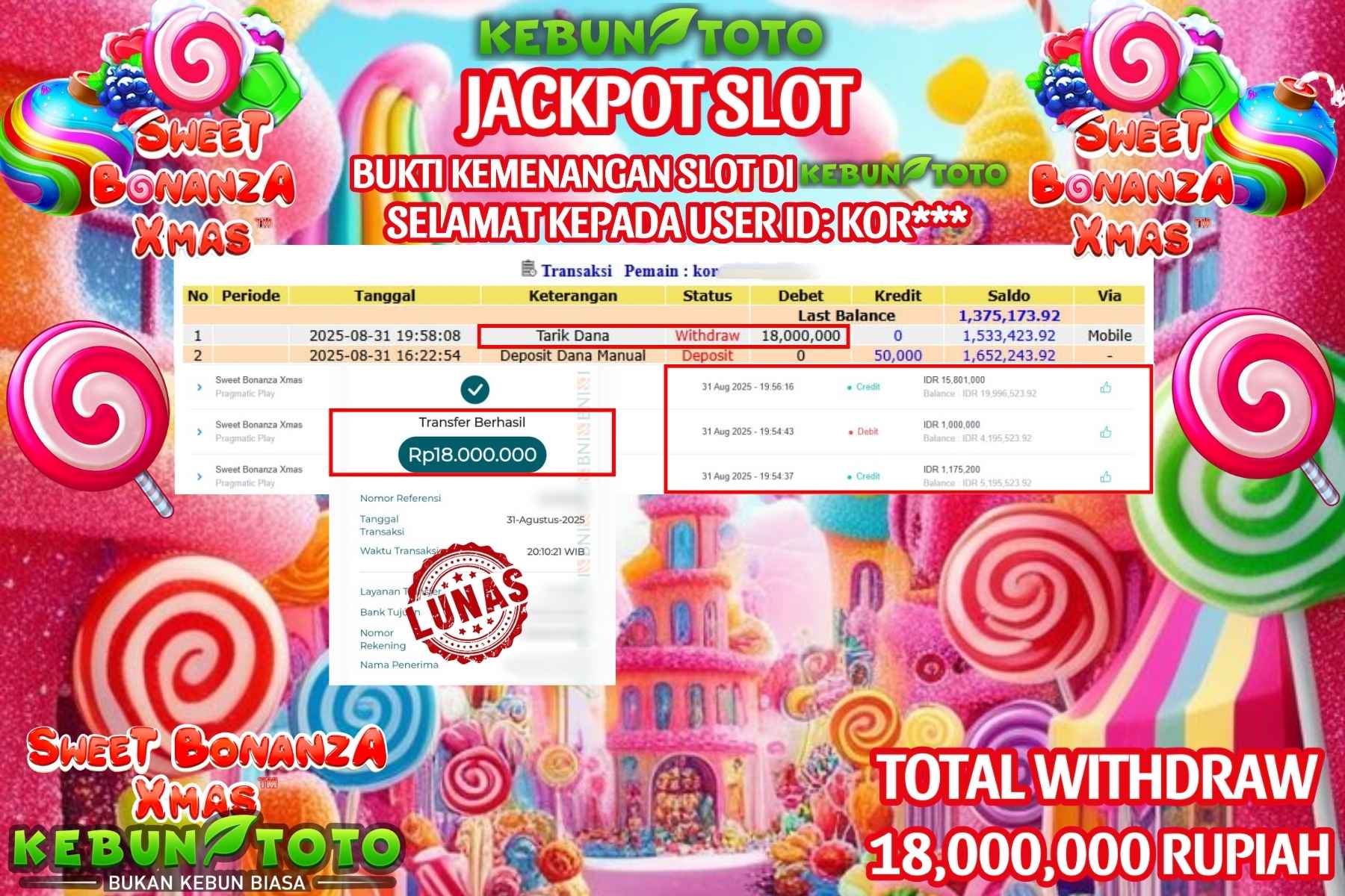 Bukti Kemenangan Rp 18.000.000 SLOT SWEET BONANZA XMAS di KEBUNTOTO!