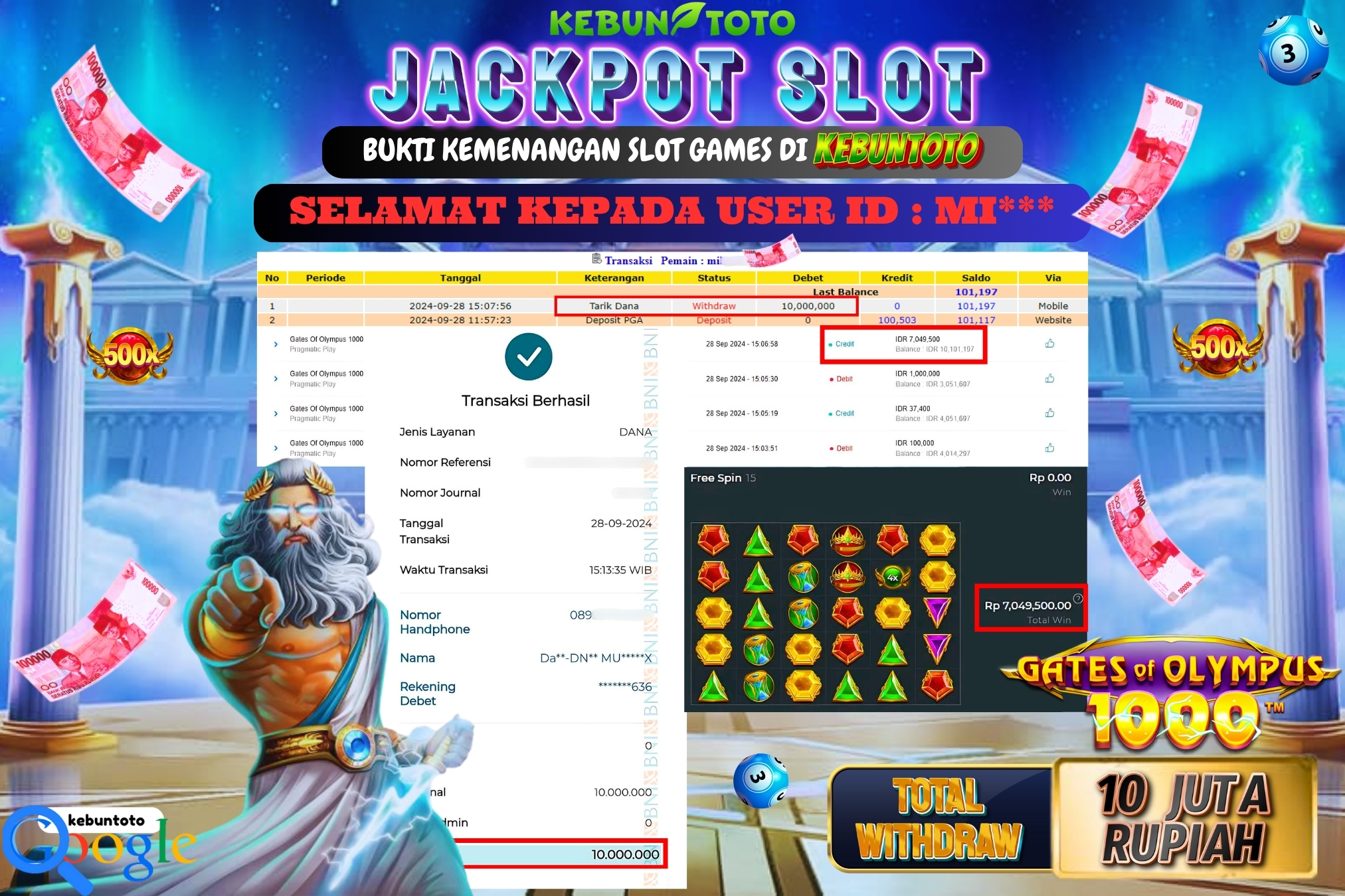 KEBUNTOTO JACKPOT SLOT GATES OF OLYMPUS 1000 Rp.10.000.000,- LUNAS