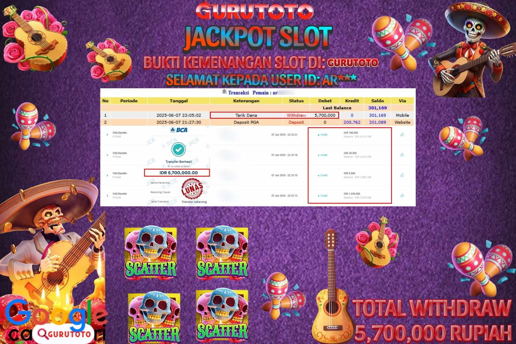 GURUTOTO JACKPOT, SLOT WILD BANDITO, Sebesar Rp 5.700.000,- LUNAS