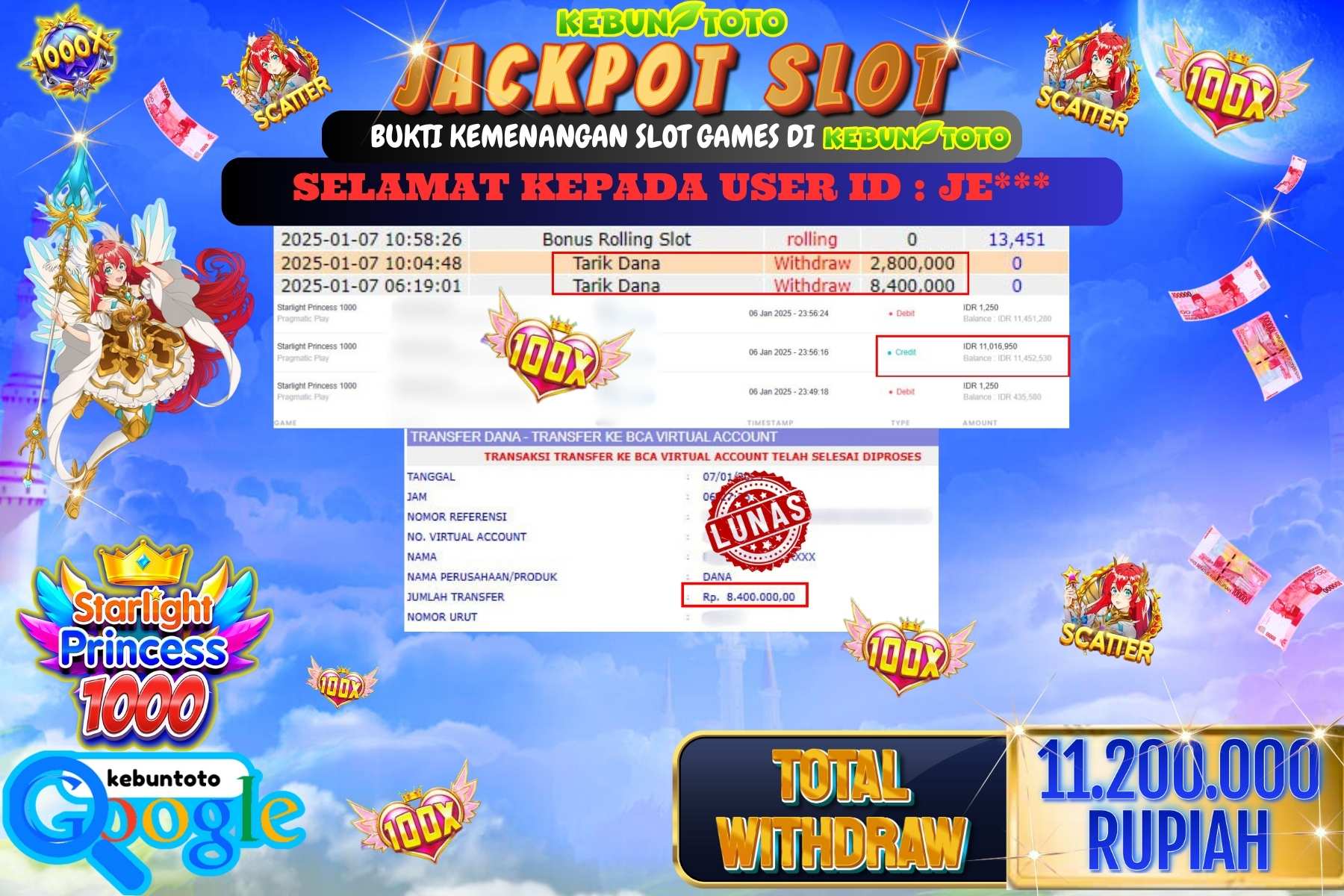 KEBUNTOTO JACKPOT SLOT STARLIGHT PRINCESS 1000, Sebesar Rp.11.200.000,- LUNAS