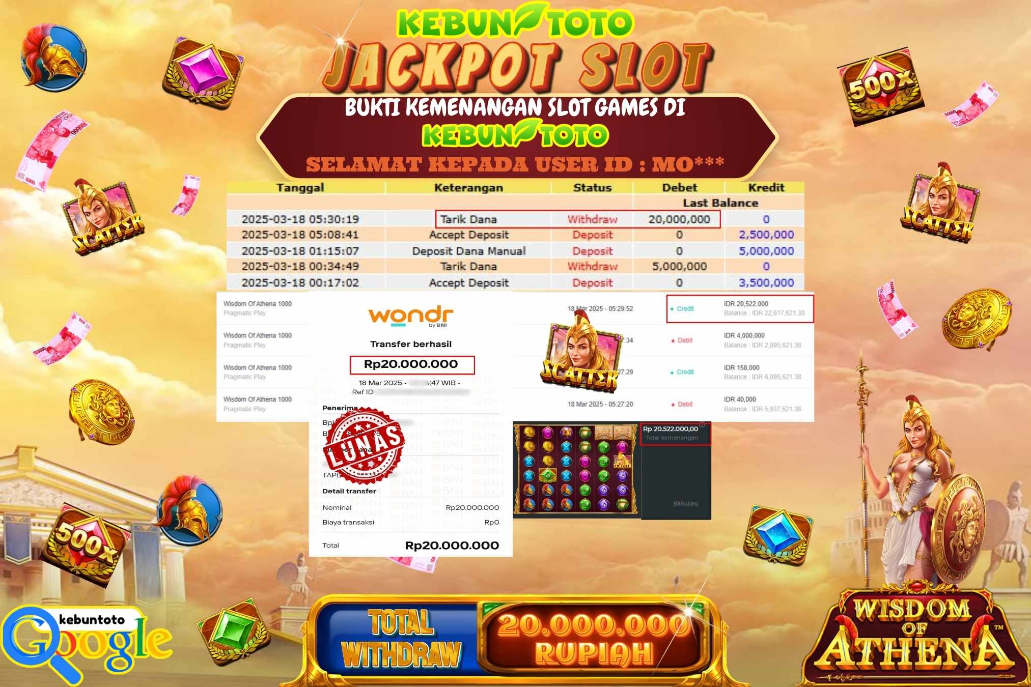 KEBUNTOTO JACKPOT, SLOT WISDOM OF ATHENA Sebesar Rp 20.000.000,- LUNAS