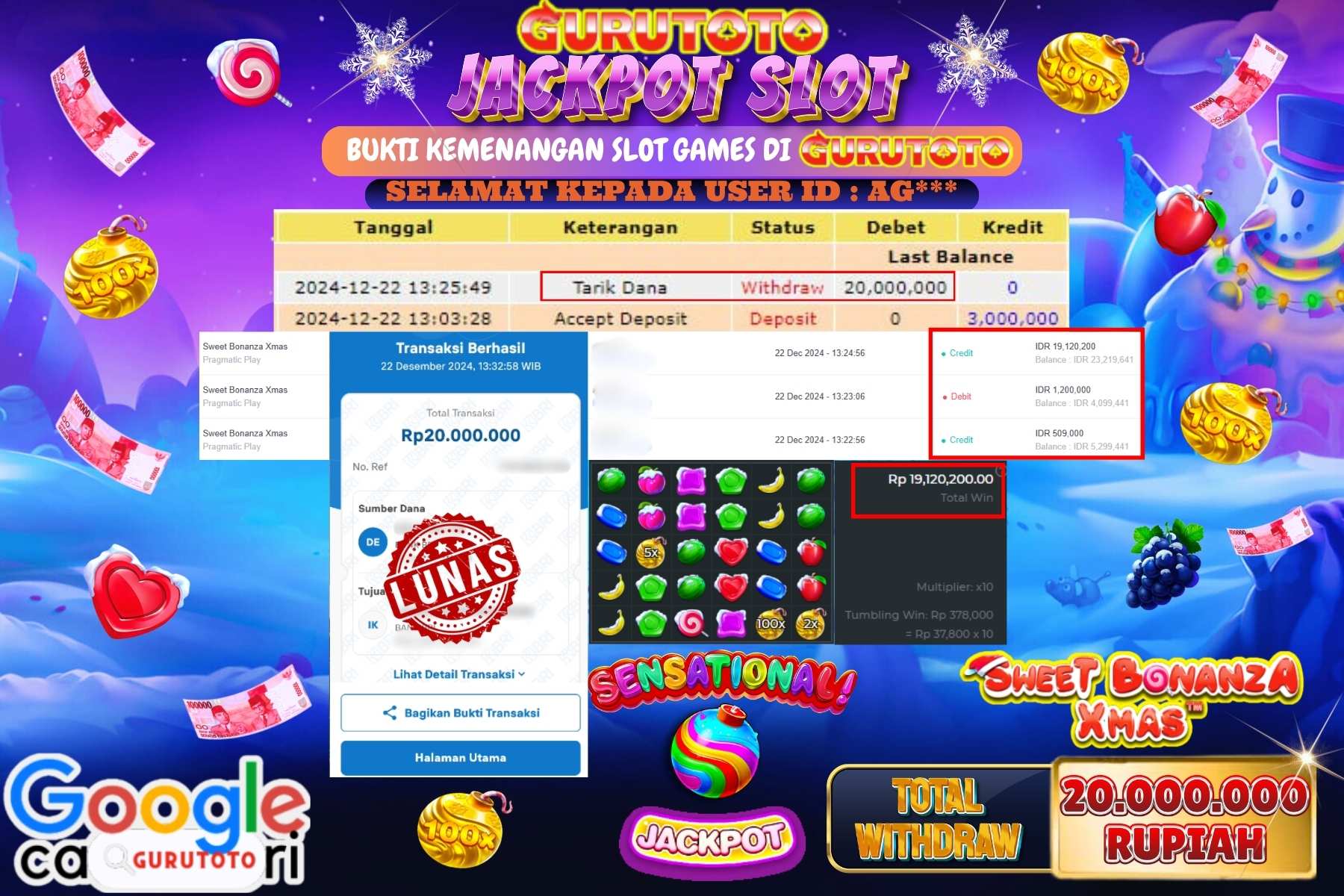 GURUTOTO, JACKPOT SLOT SWEET BONANZA XMAS sebesar Rp.20.000.000,- dibayar lunas.