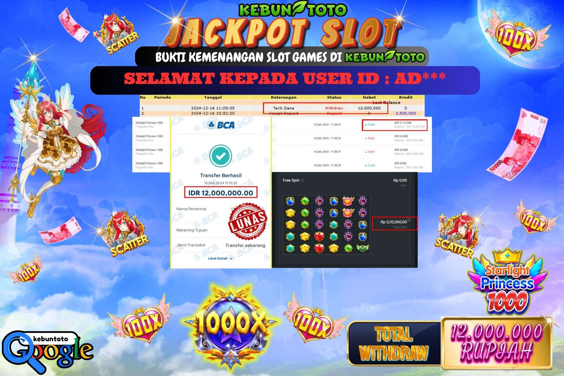 KEBUNTOTO JACKPOT SLOT STARLIGHT PRINCESS 1000 , Sebesar Rp.12.000.000,- LUNAS