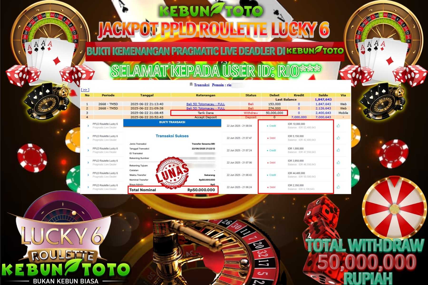 Bukti Kemenangan Rp 50.000.000 CASINO PPLD ROULETTE LUCKY 6 di KEBUNTOTO!