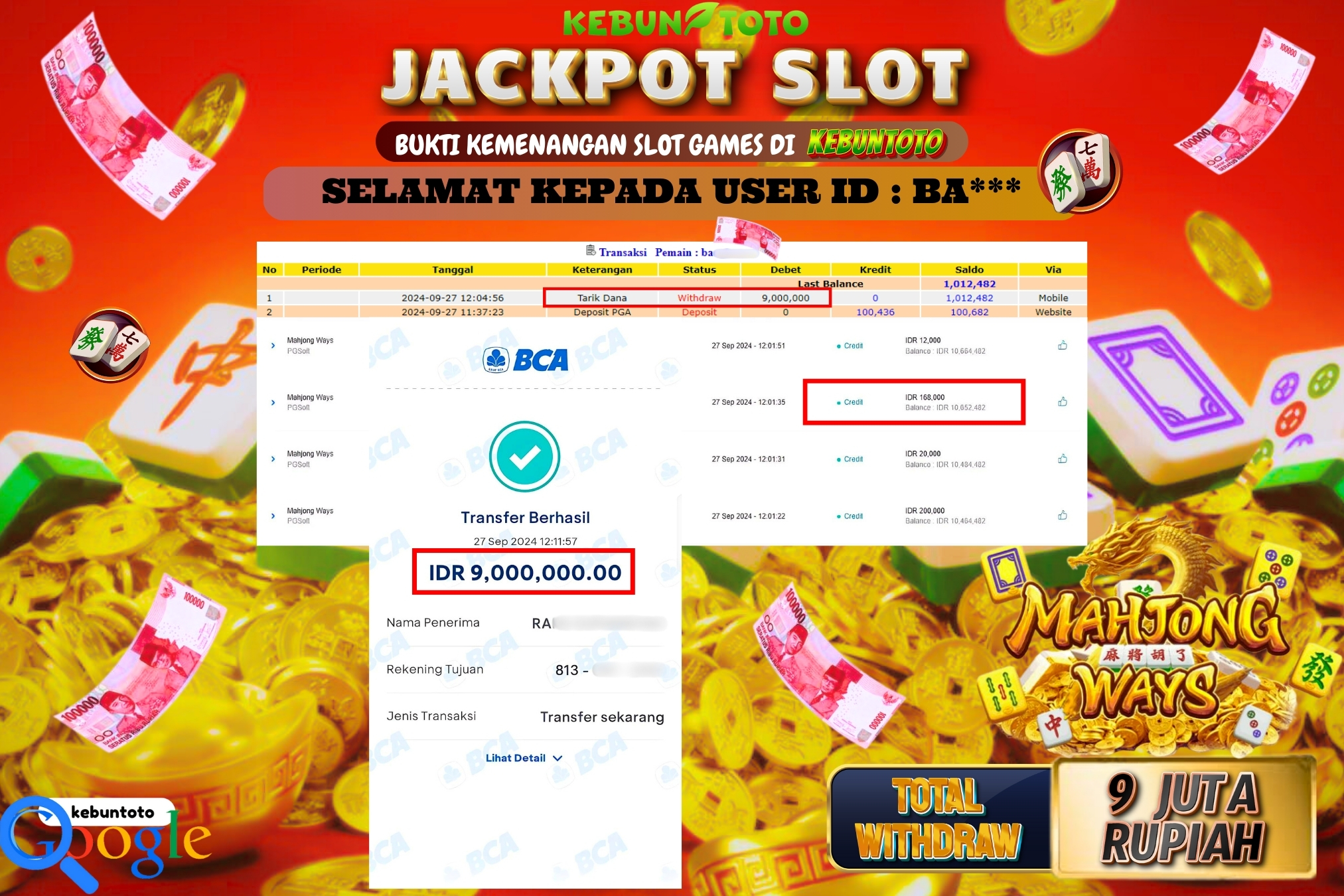 KEBUNTOTO JACKPOT SLOT MAHJONG WAYS Rp.9.000.000,- LUNAS