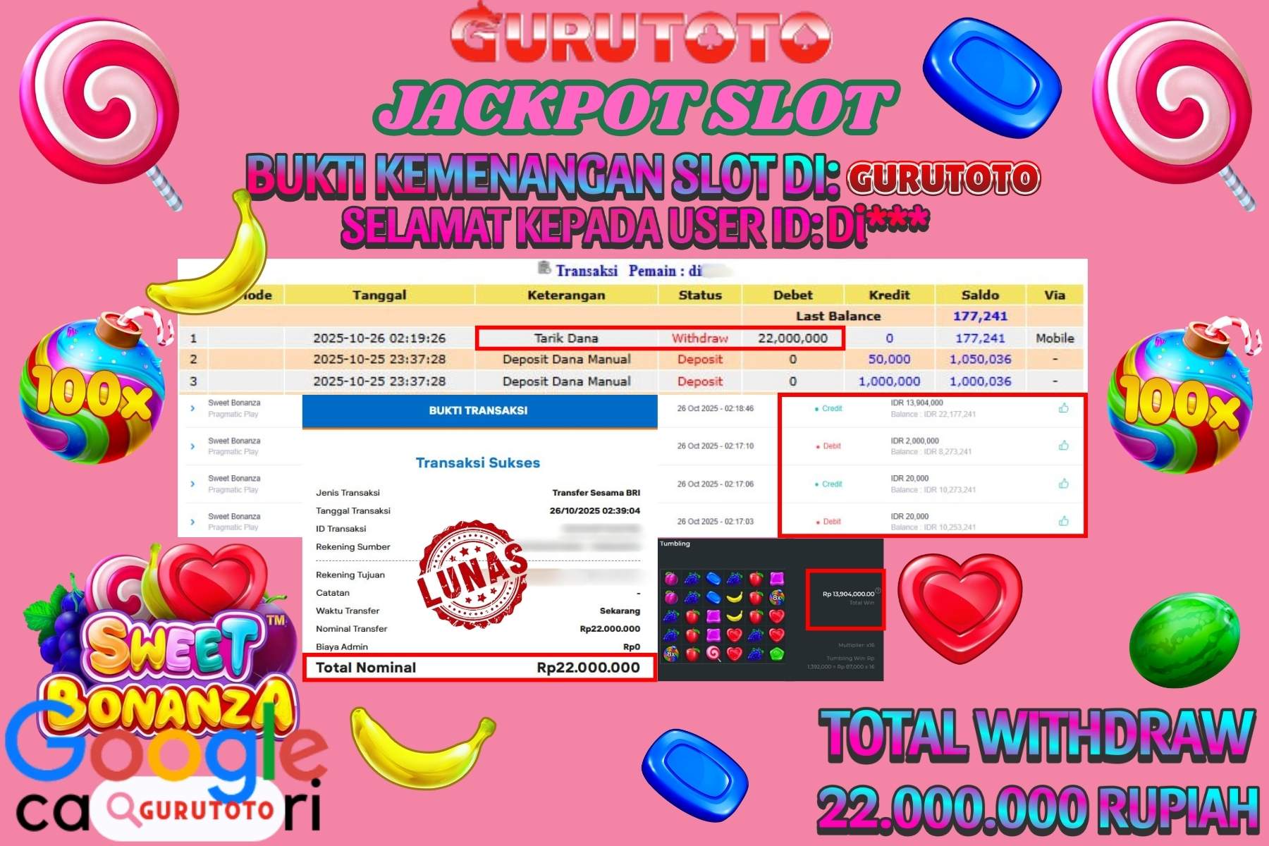 Bukti Kemenangan Rp 22.000.000 SLOT SWEET BONANZA di GURUTOTO!