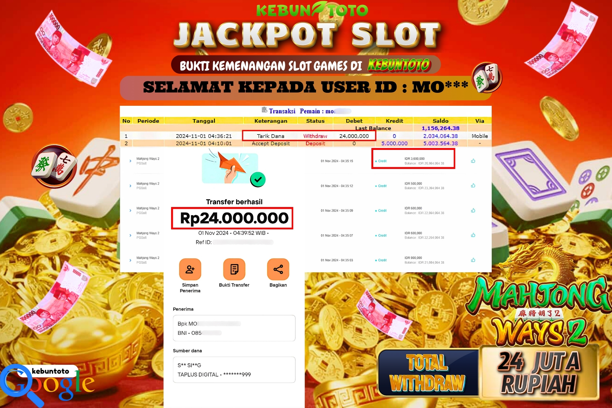 KEBUNTOTO JACKPOT SLOT MAHJONG WAYS 2 Rp.24.000.000,- LUNAS