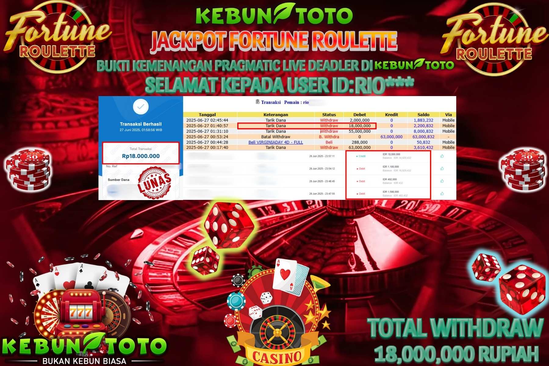 Bukti Kemenangan Rp 18.000.000 CASINO FORTUNE ROULETTE di KEBUNTOTO!