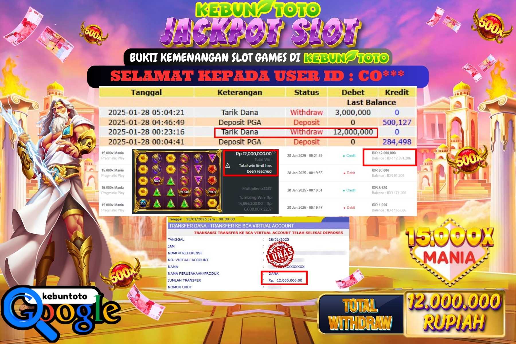 KEBUNTOTO JACKPOT SLOT 15.000X MANIA , Sebesar Rp 12.000.000,- LUNAS