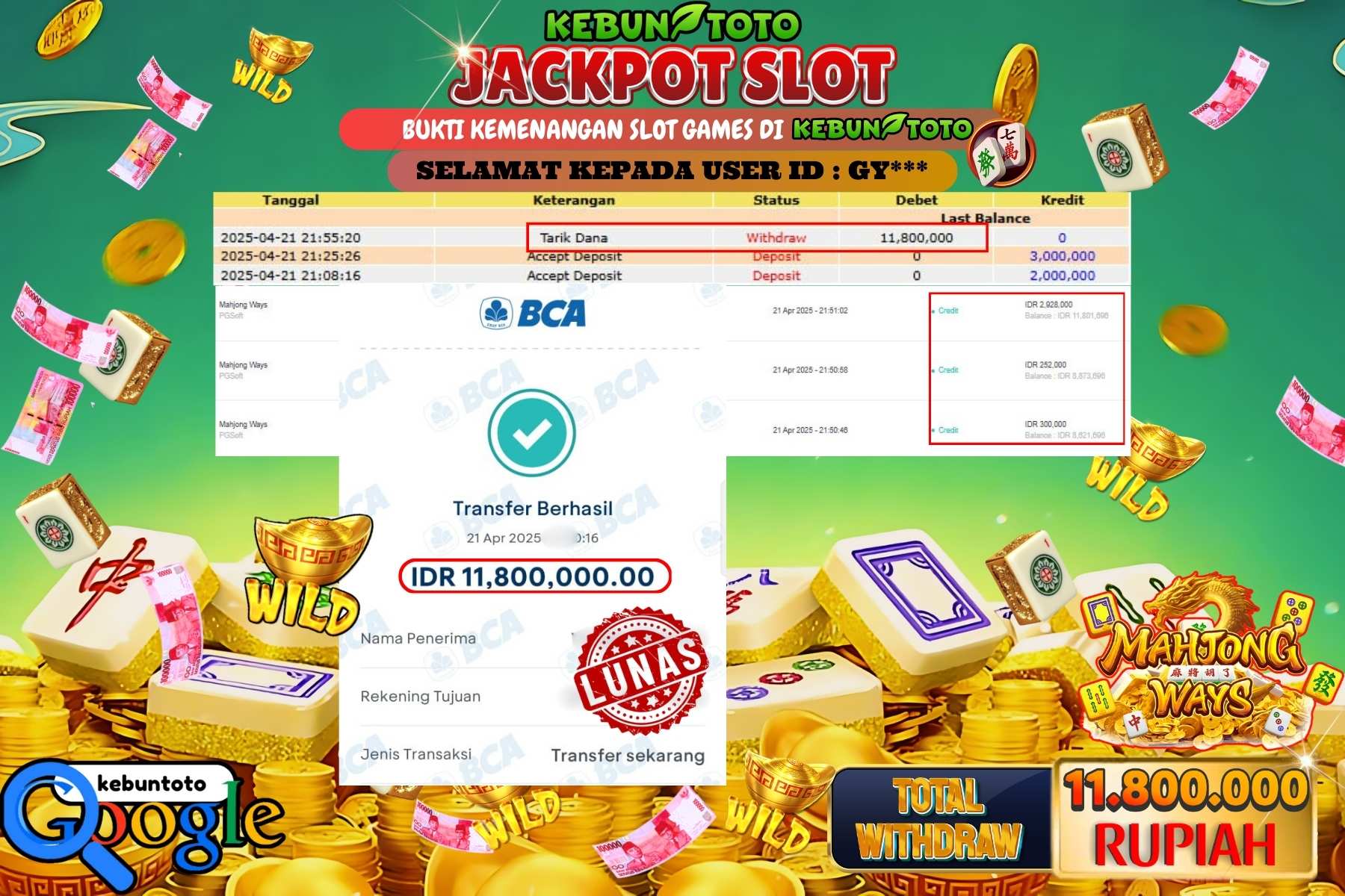KEBUNTOTO JACKPOT, SLOT MAHJONG WAYS Rp 11.800.000,- LUNAS