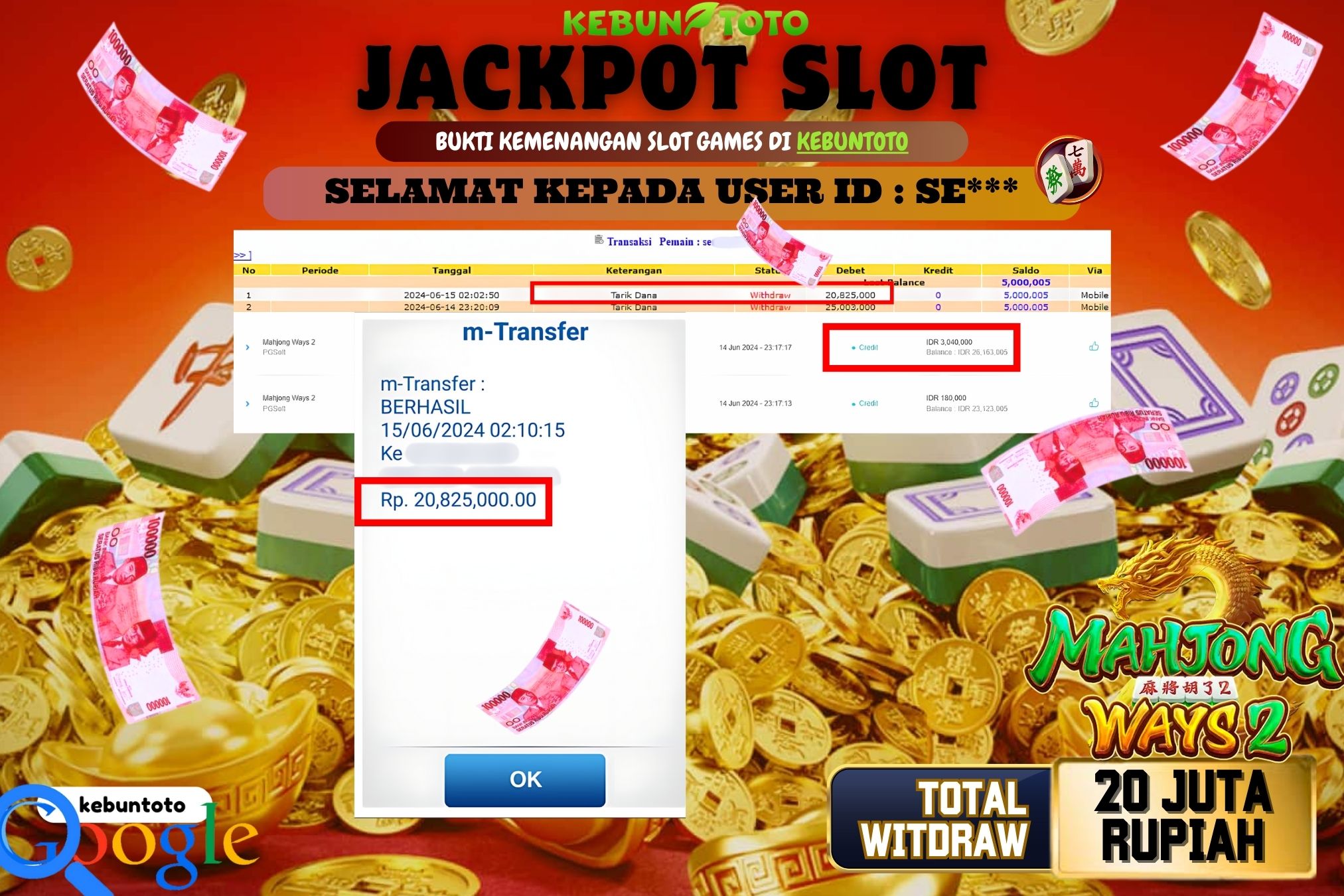 KEBUNTOTO JACKPOT SLOT MAHJONG WAYS 2 Rp.20.825.000,- LUNAS