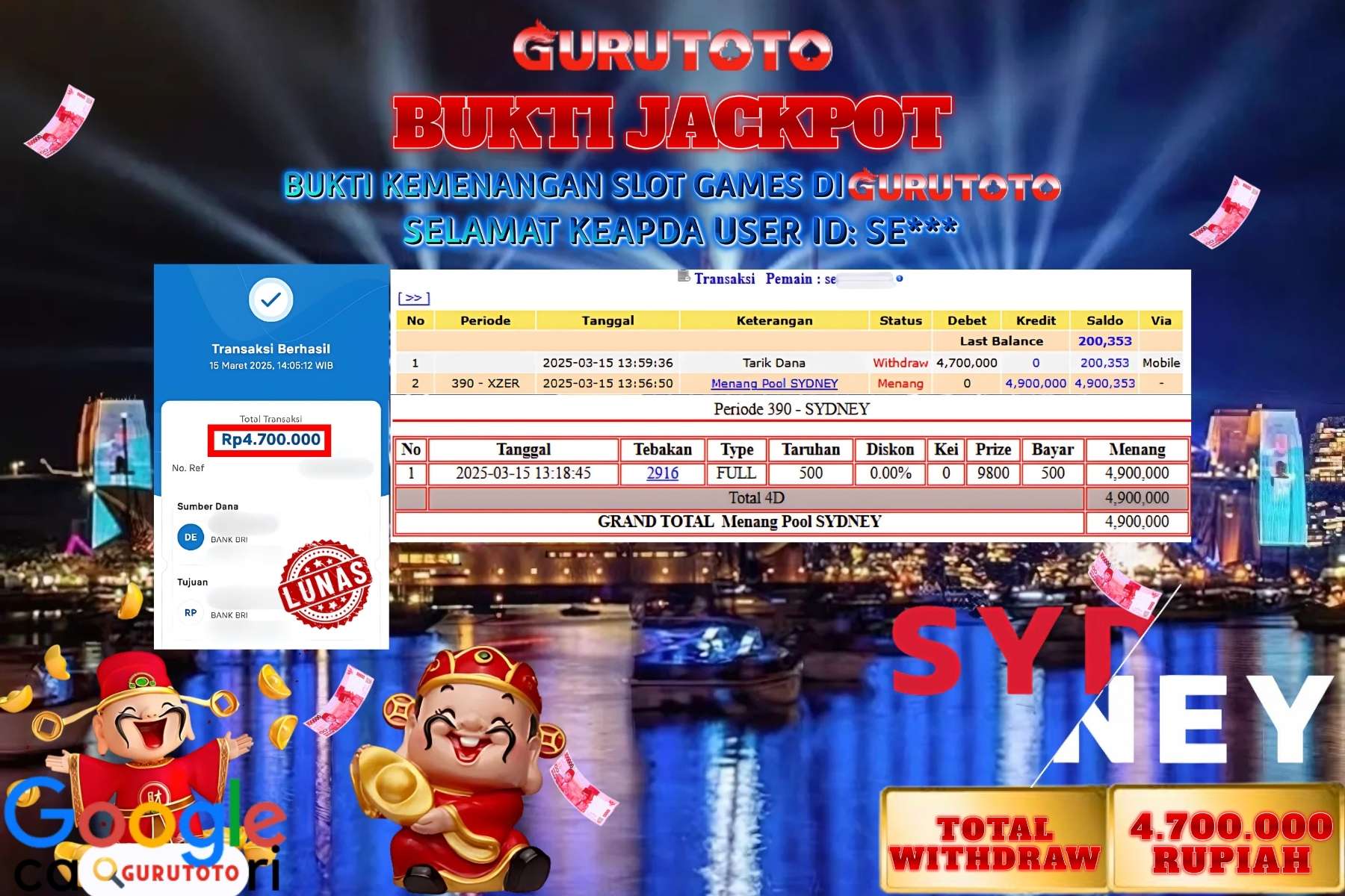 GURUTOTO JACKPOT, TOTO SYDNEY LOTTO, Sebesar Rp 4.700.000,- LUNAS