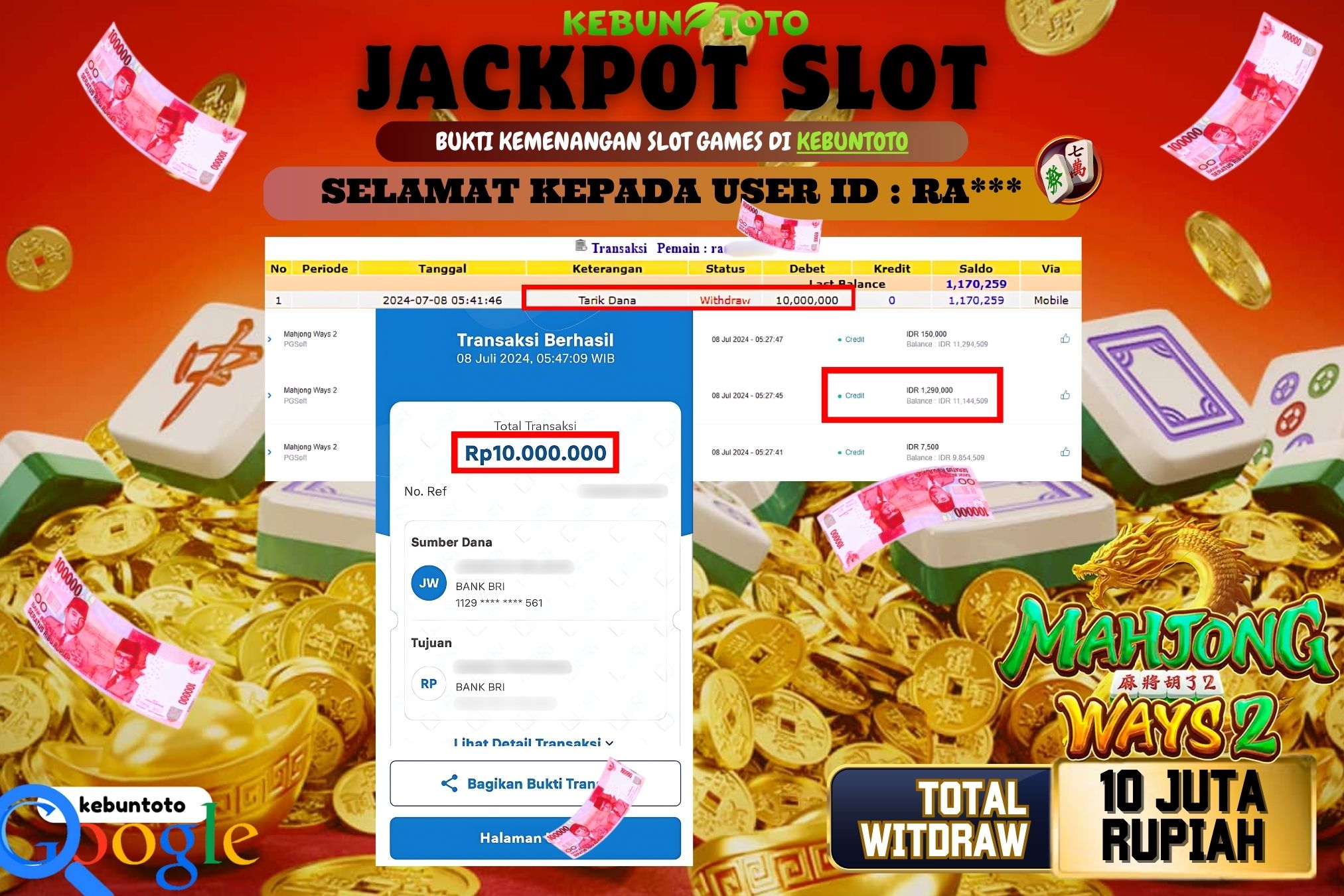 KEBUNTOTO JACKPOT SLOT MAHJONG WAYS 2 Rp.10.000.000,- LUNAS