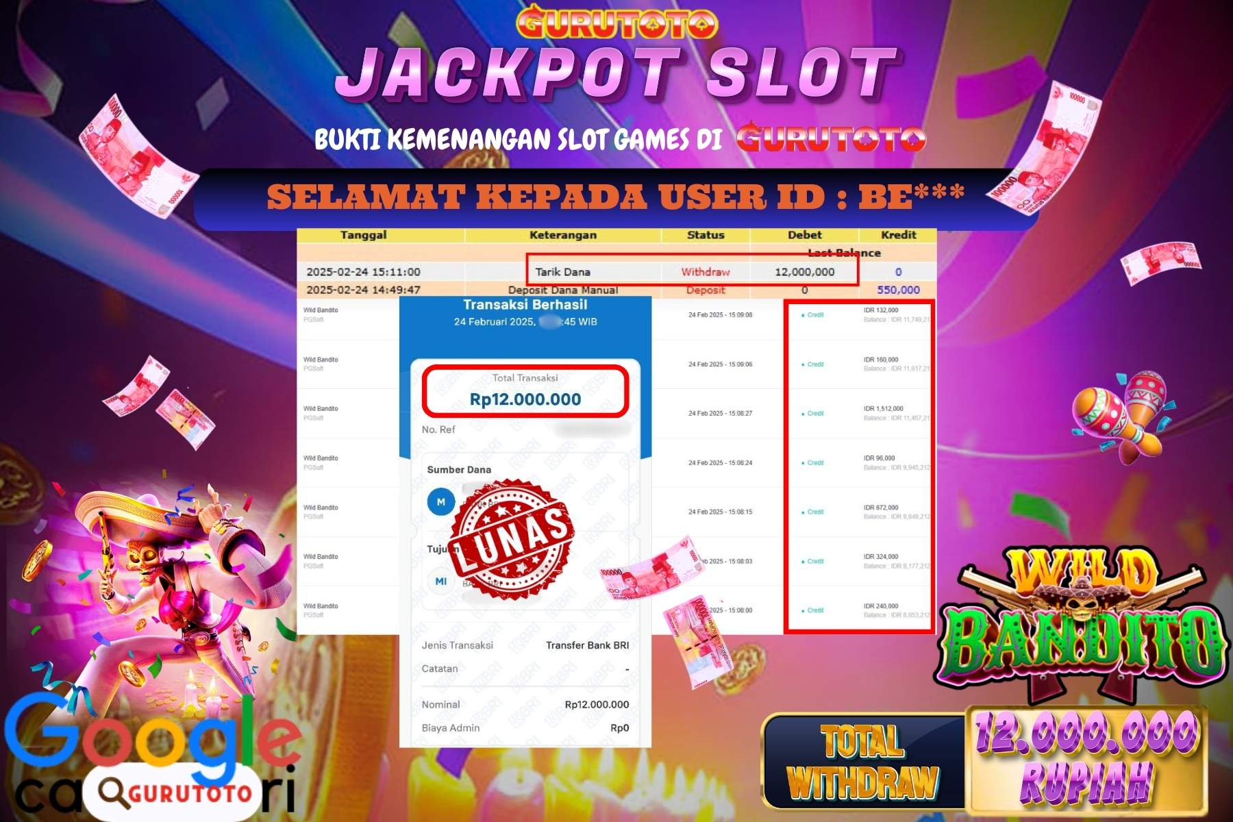 GURUTOTO JACKPOT, SLOT WILD BANDITO Sebesar Rp 12.000.000,- LUNAS