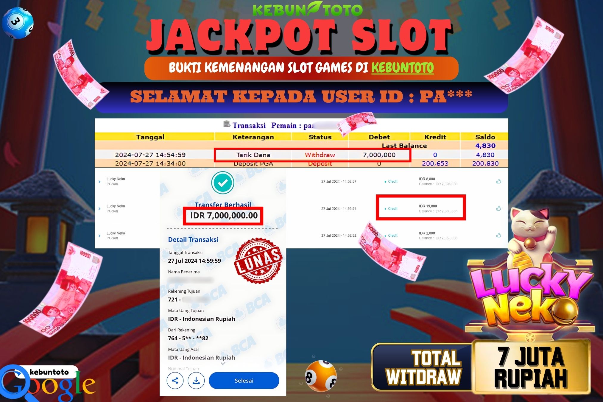 KEBUNTOTO JACKPOT SLOT LUCKY NEKO Rp.7.000.000,- LUNAS