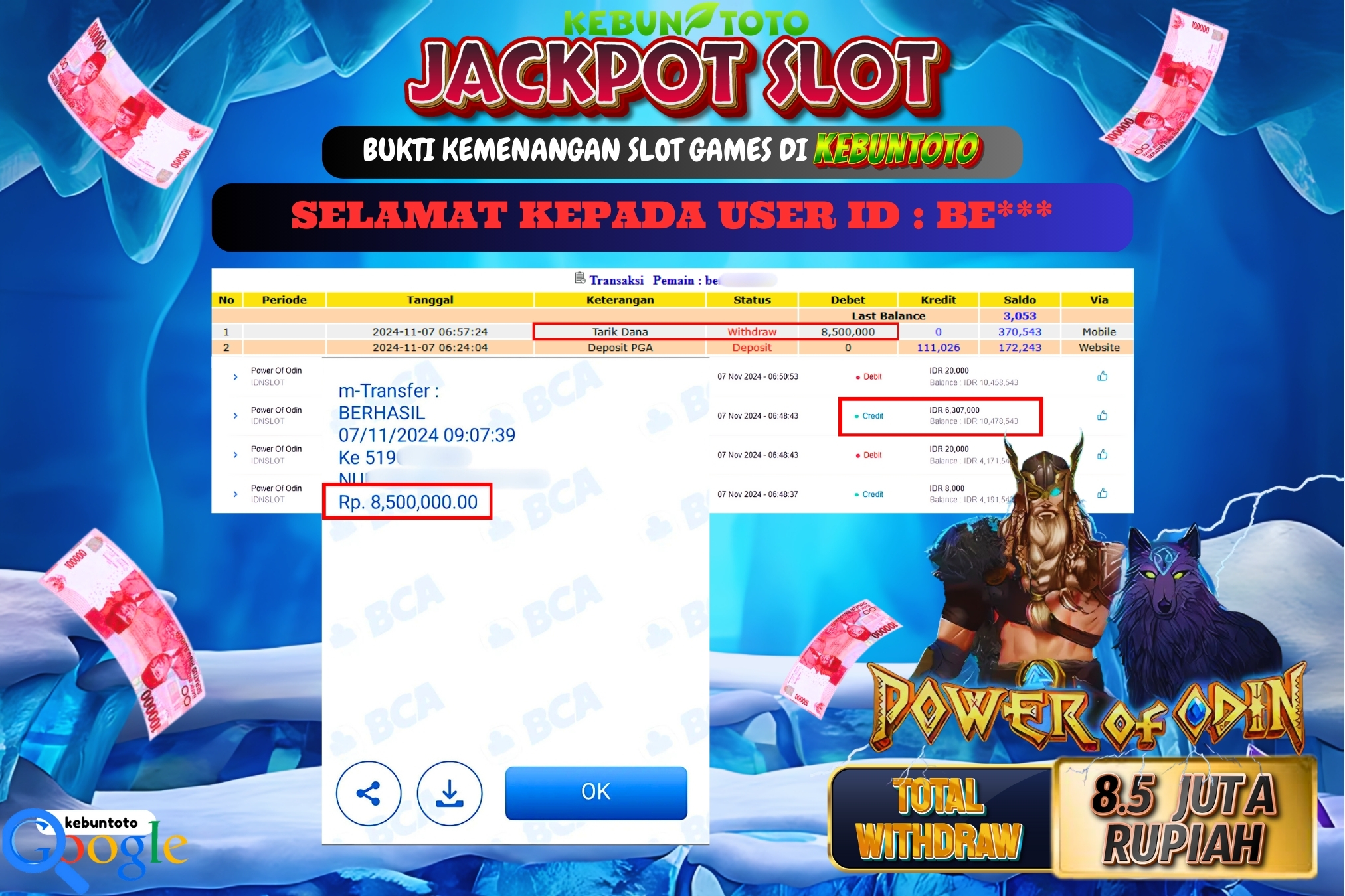 KEBUNTOTO JACKPOT SLOT POWER OF ODIN Rp.8.500.000,- LUNAS
