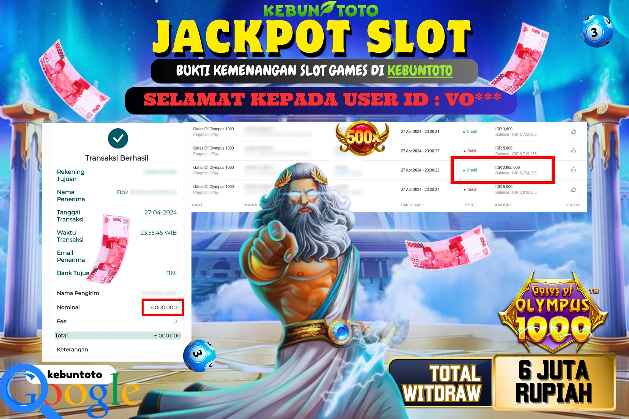 KEBUNTOTO JACKPOT SLOT GATES OF OLYMPUS 1000 Rp.6.000.000,- LUNAS