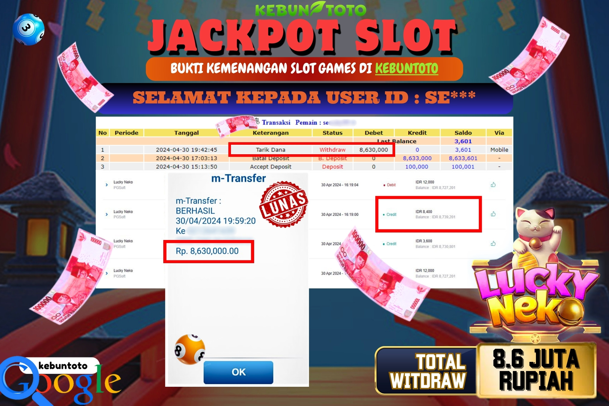 KEBUNTOTO JACKPOT SLOT LUCKY NEKO Rp.8.630.000,- LUNAS