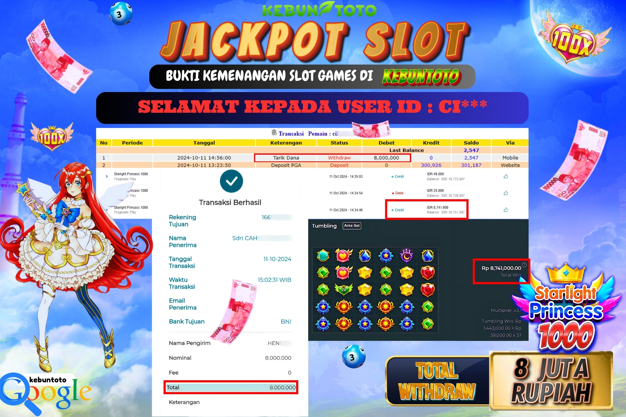 KEBUNTOTO JACKPOT SLOT STARLIGHT PRINCESS 1000 Rp.8.000.000,- LUNAS
