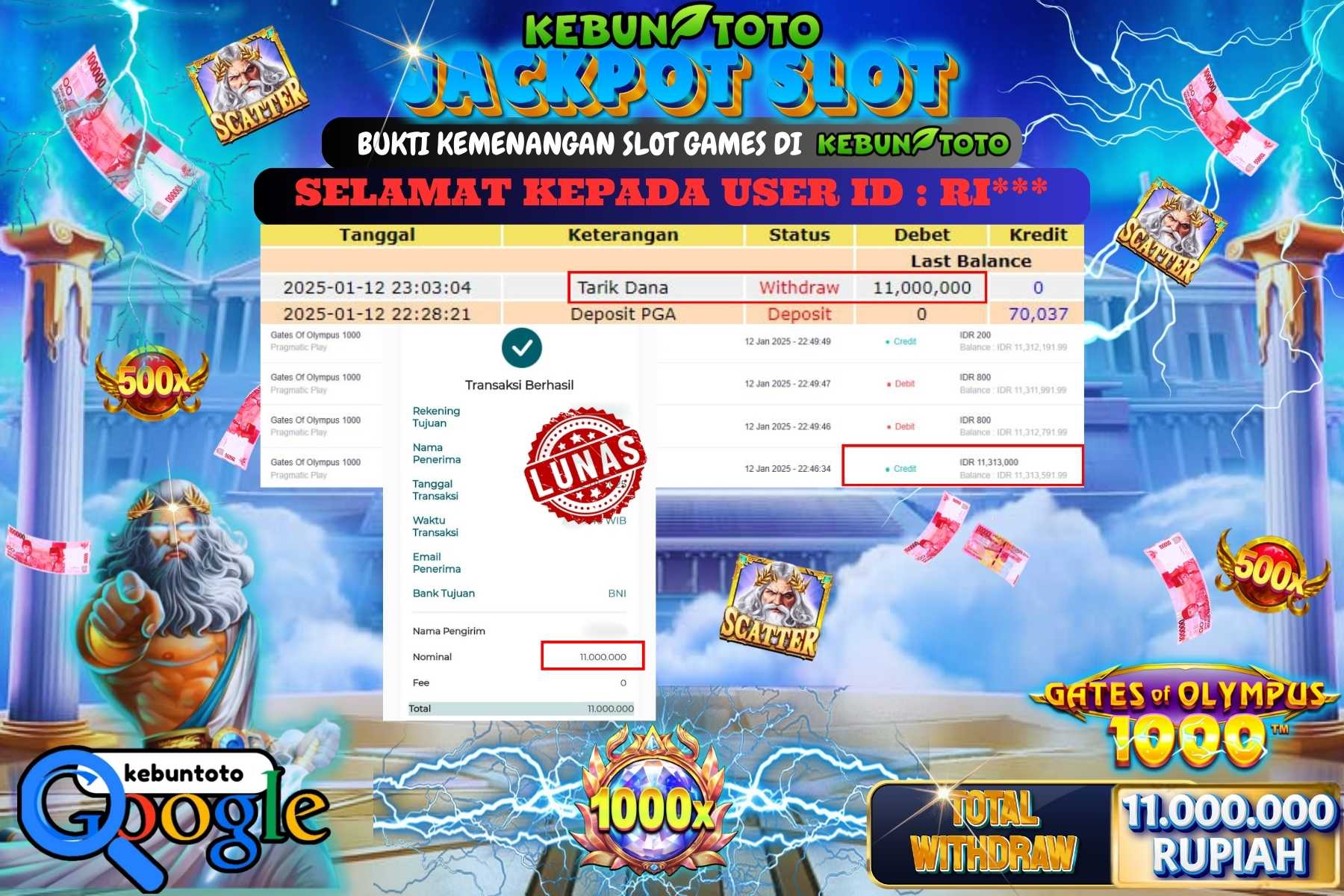 KEBUNTOTO JACKPOT SLOT GATES OF OLYMPUS 1000 , Sebesar Rp.11.000.000,- LUNAS