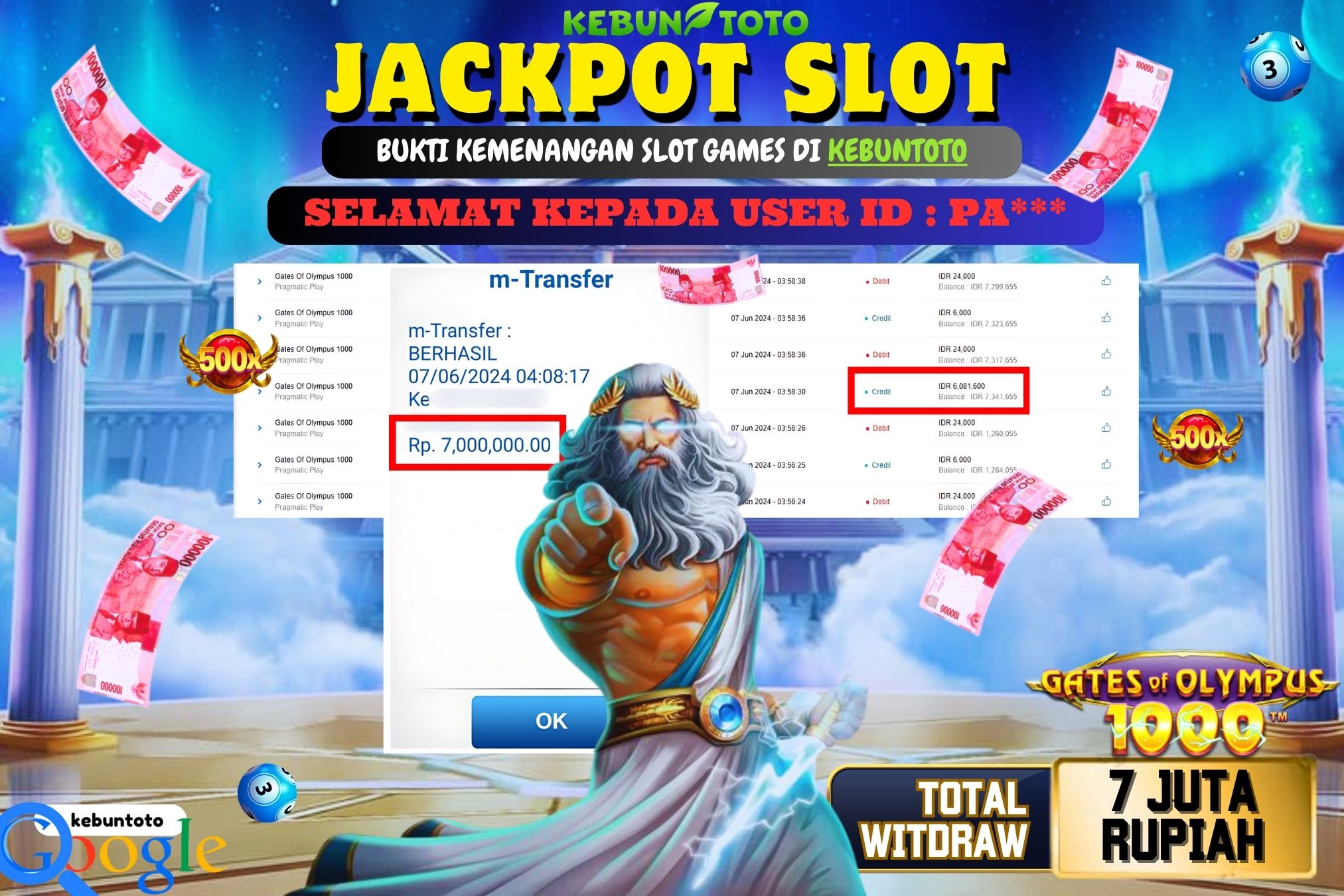 KEBUNTOTO JACKPOT SLOT GATES OF OLYMPUS 1000 Rp.7.000.000,- LUNAS