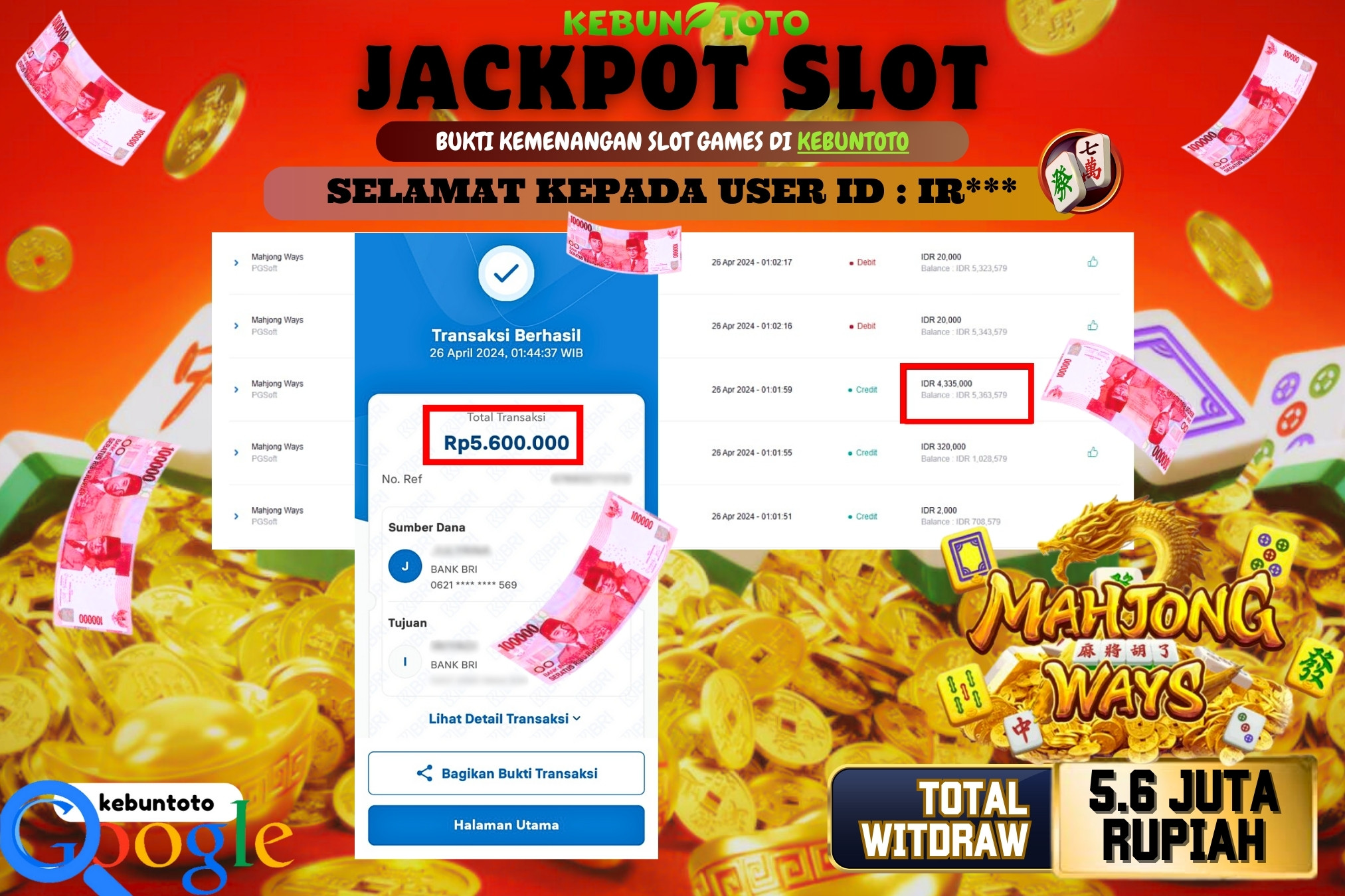 KEBUNTOTO JACKPOT SLOT MAHJONG WAYS Rp.5.600.000,- LUNAS