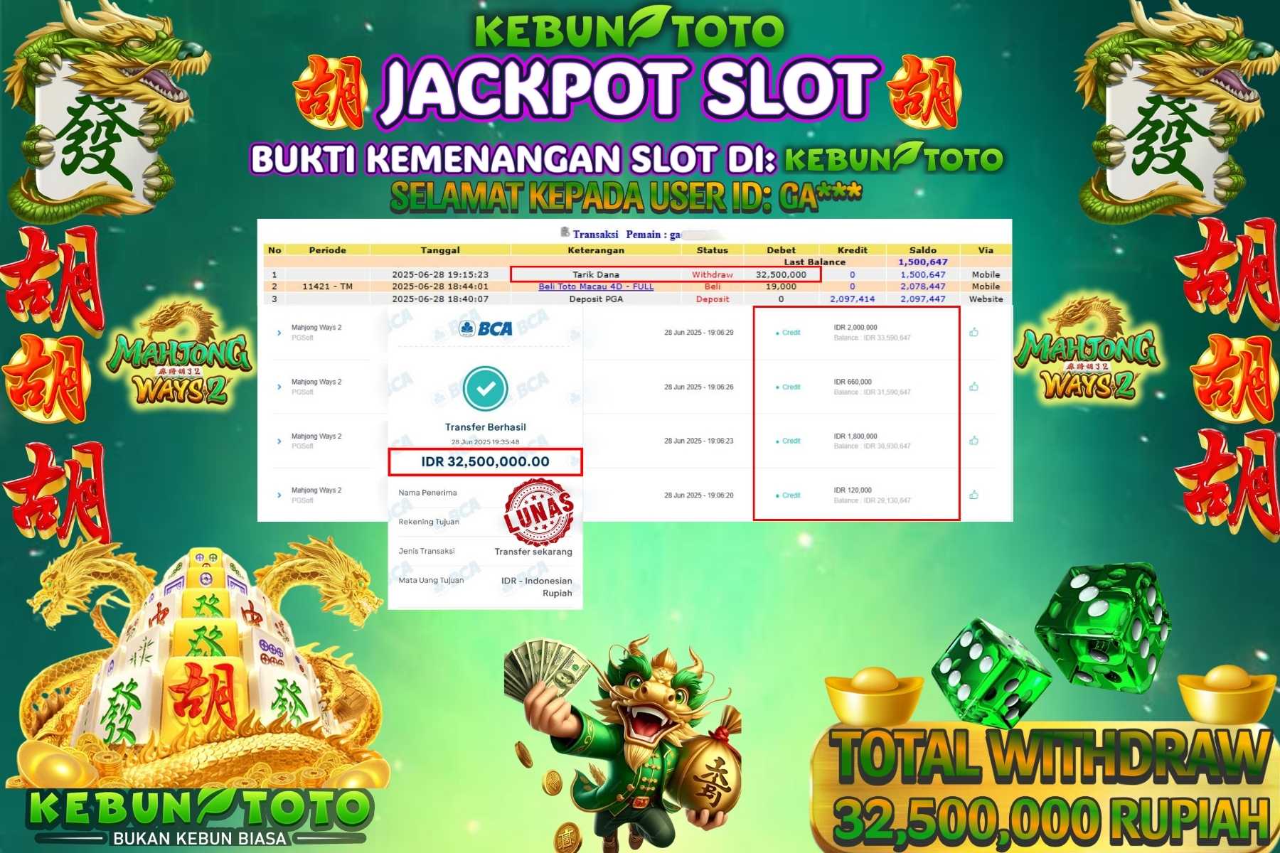 Bukti Kemenangan Rp 32.500.000 SLOT MAHJONG WAYS 2 di KEBUNTOTO!