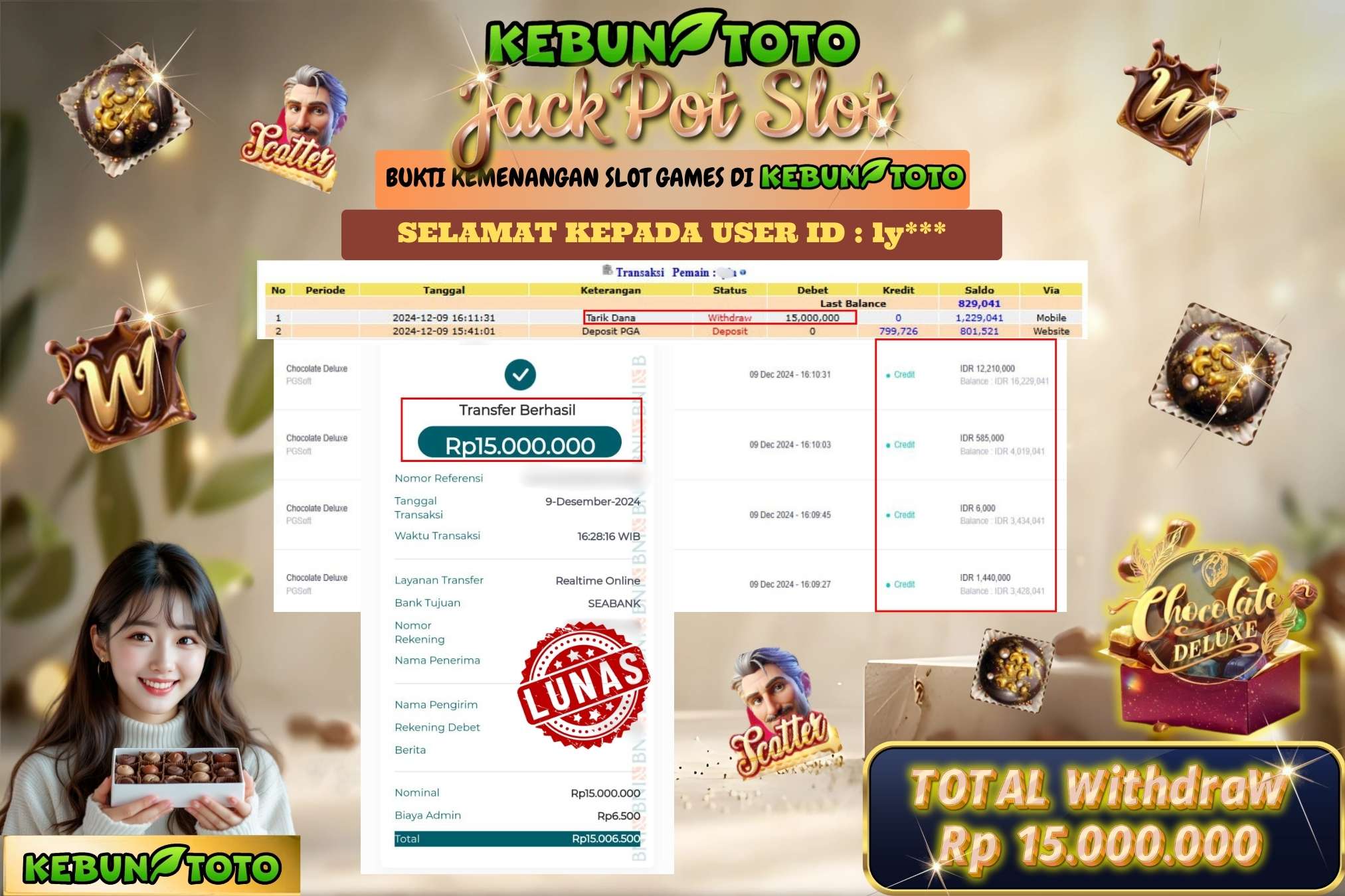 KEBUNTOTO JACKPOT SLOT CHOCOLATE DELUXE  , Sebesar Rp.15.000.000,- LUNAS