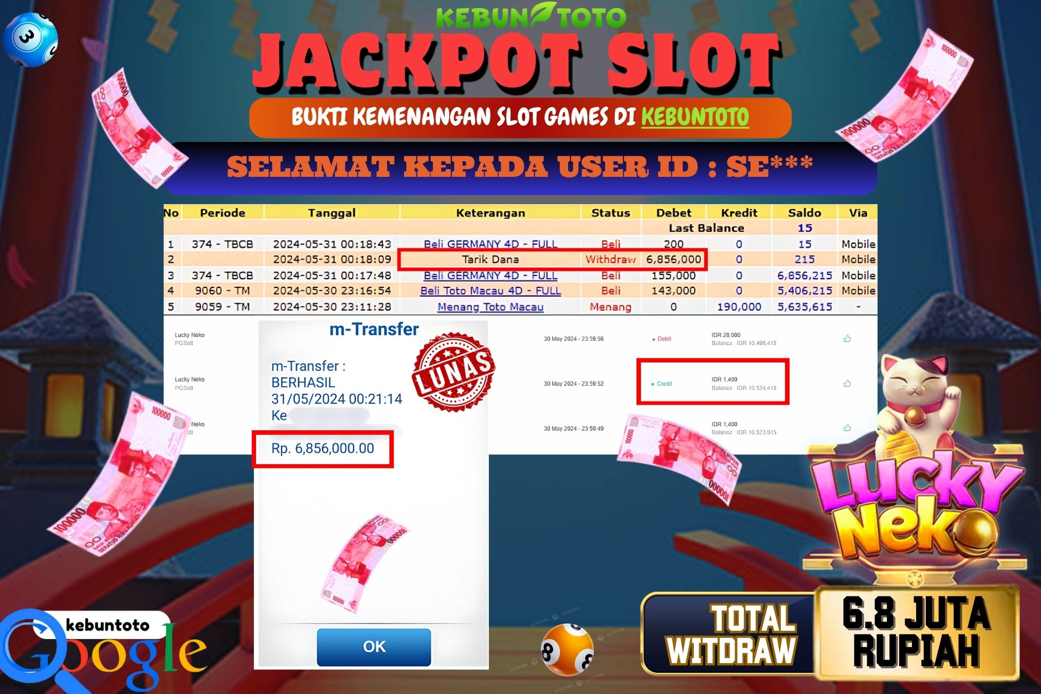 KEBUNTOTO JACKPOT SLOT LUCKY NEKO Rp.6.856.000,- LUNAS