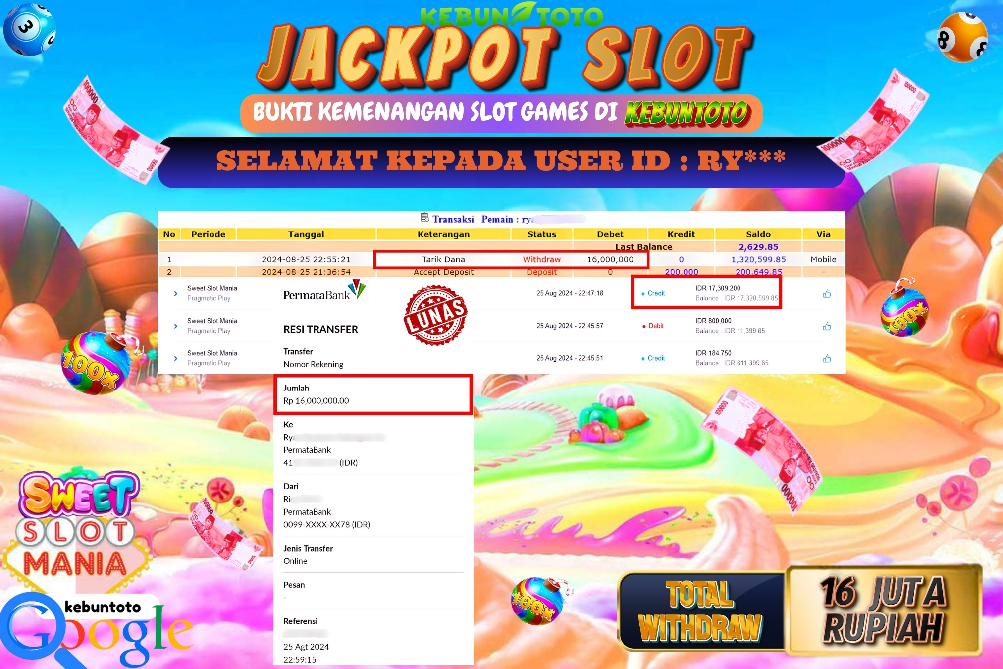 KEBUNTOTO JACKPOT SLOT SWEET SLOT MANIA Rp.16.000.000,- LUNAS