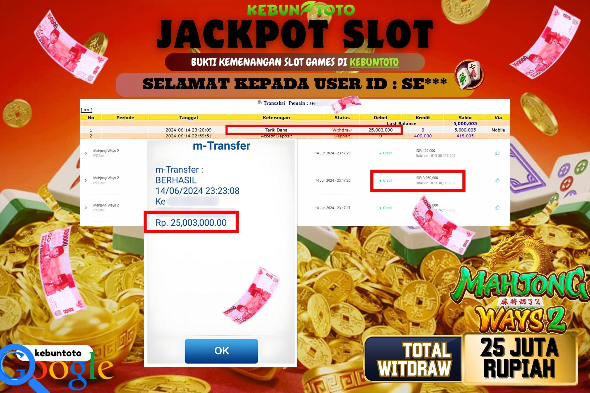 KEBUNTOTO JACKPOT SLOT MAHJONG WAYS 2 Rp.25.003.000,- LUNAS