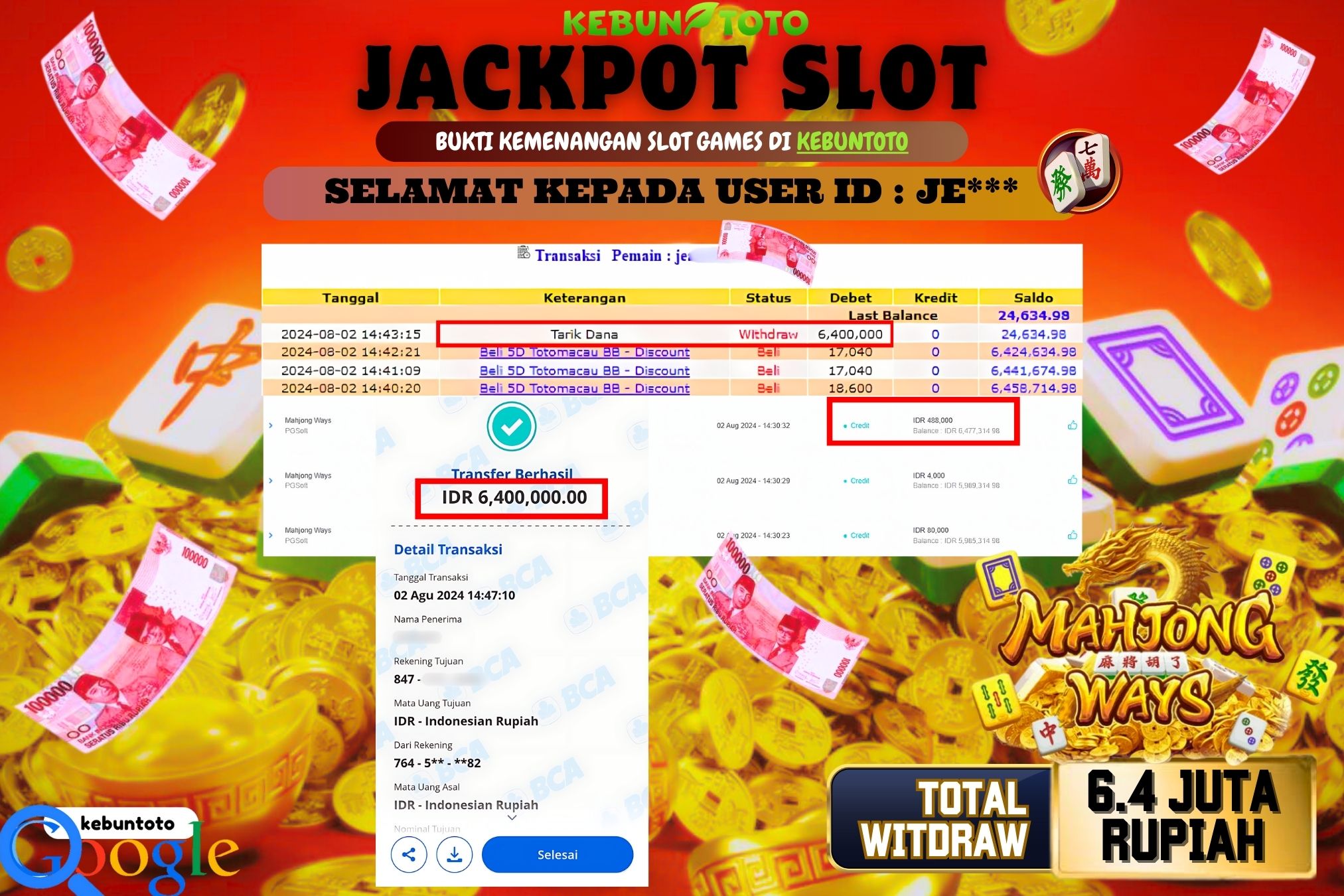 KEBUNTOTO JACKPOT SLOT MAHJONG WAYS Rp.6.400.000,- LUNAS