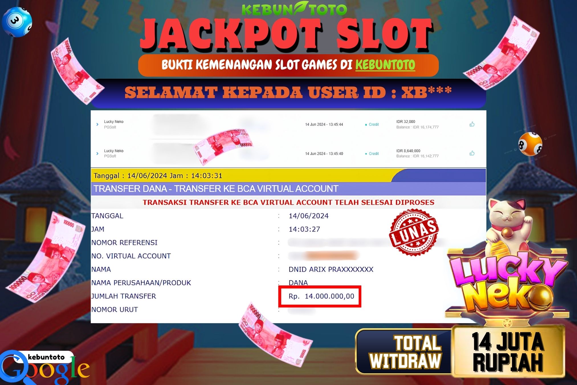 KEBUNTOTO JACKPOT SLOT LUCKY NEKO Rp.14.000.000,- LUNAS