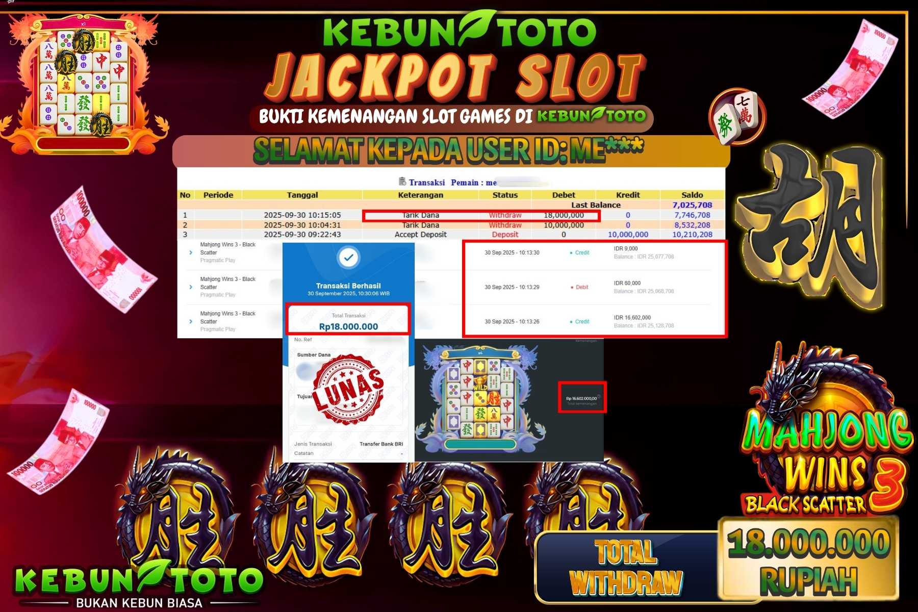 Bukti Kemenangan Rp 18.000.000 SLOT MAHJONG WINS 3 BLACK SCATTER di KEBUNTOTO!