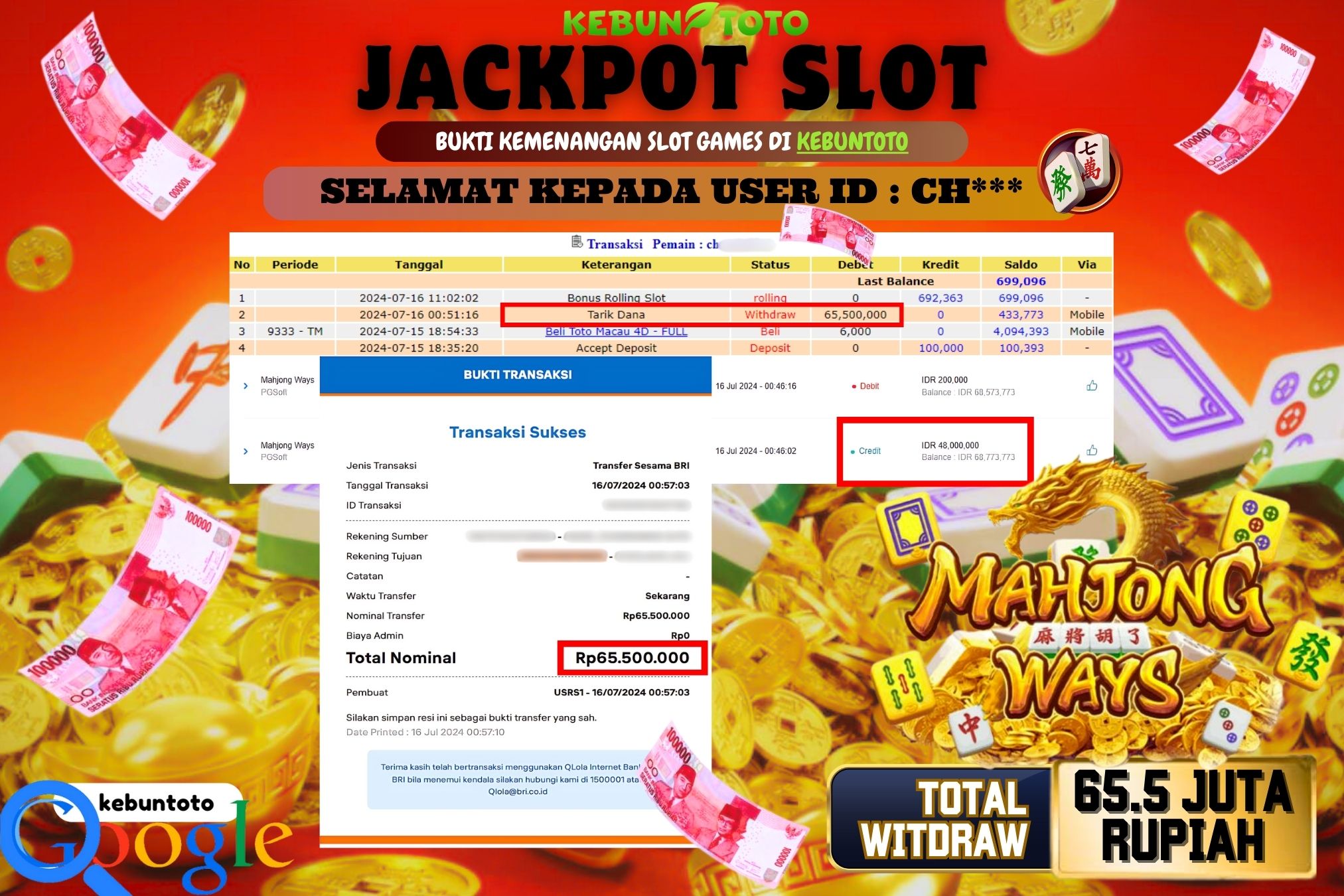KEBUNTOTO JACKPOT SLOT MAHJONG WAYS Rp.65.500.000,- LUNAS