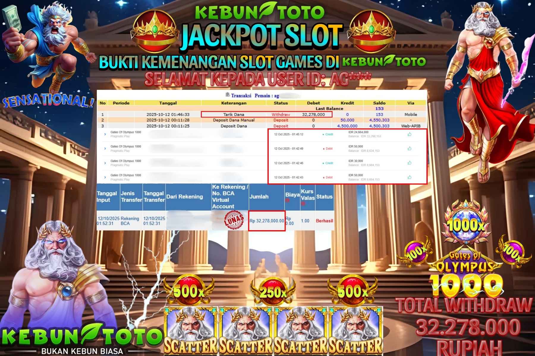 Bukti Kemenangan Rp 32.278.000 SLOT GATES OF OLYMPUS 1000 di KEBUNTOTO!
