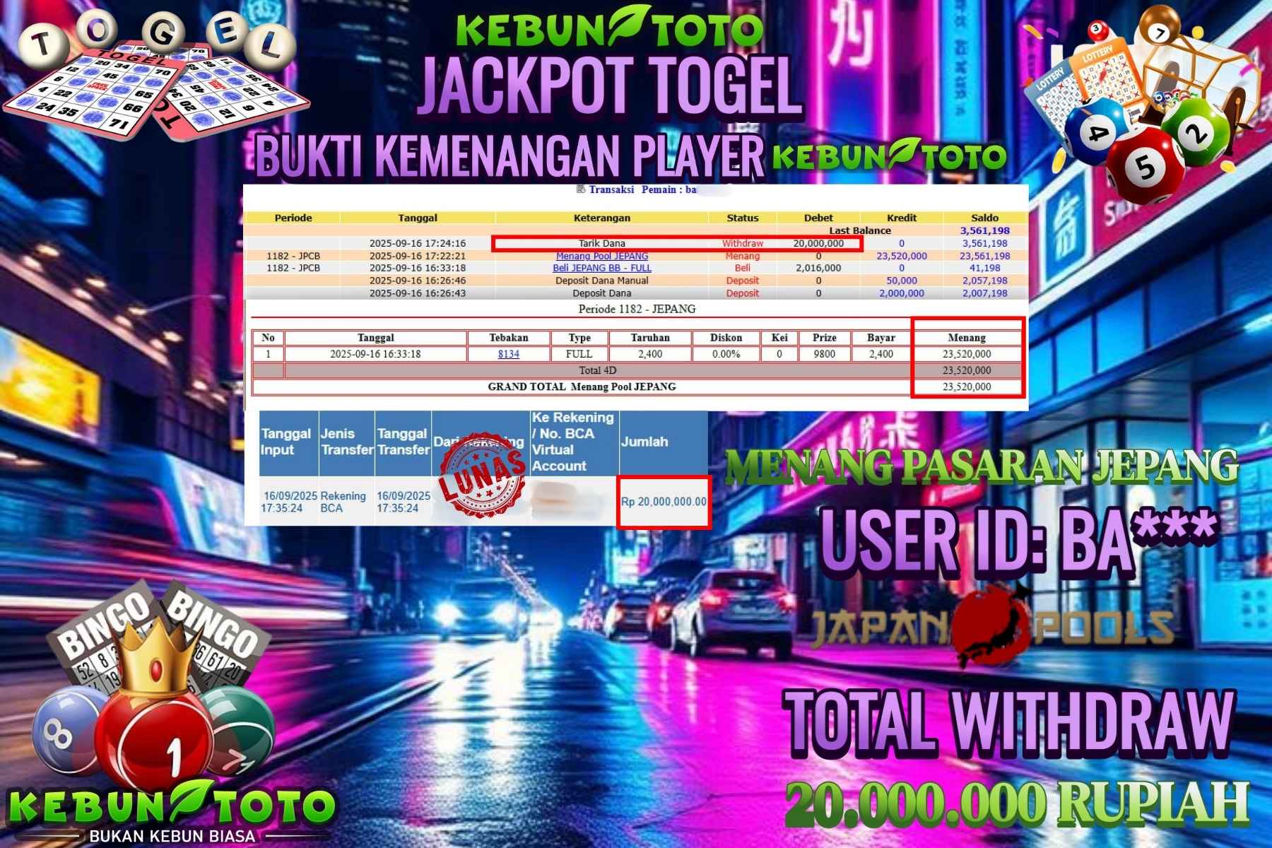 Bukti Kemenangan Rp 20.000.000 TOGEL JEPANG di KEBUNTOTO!