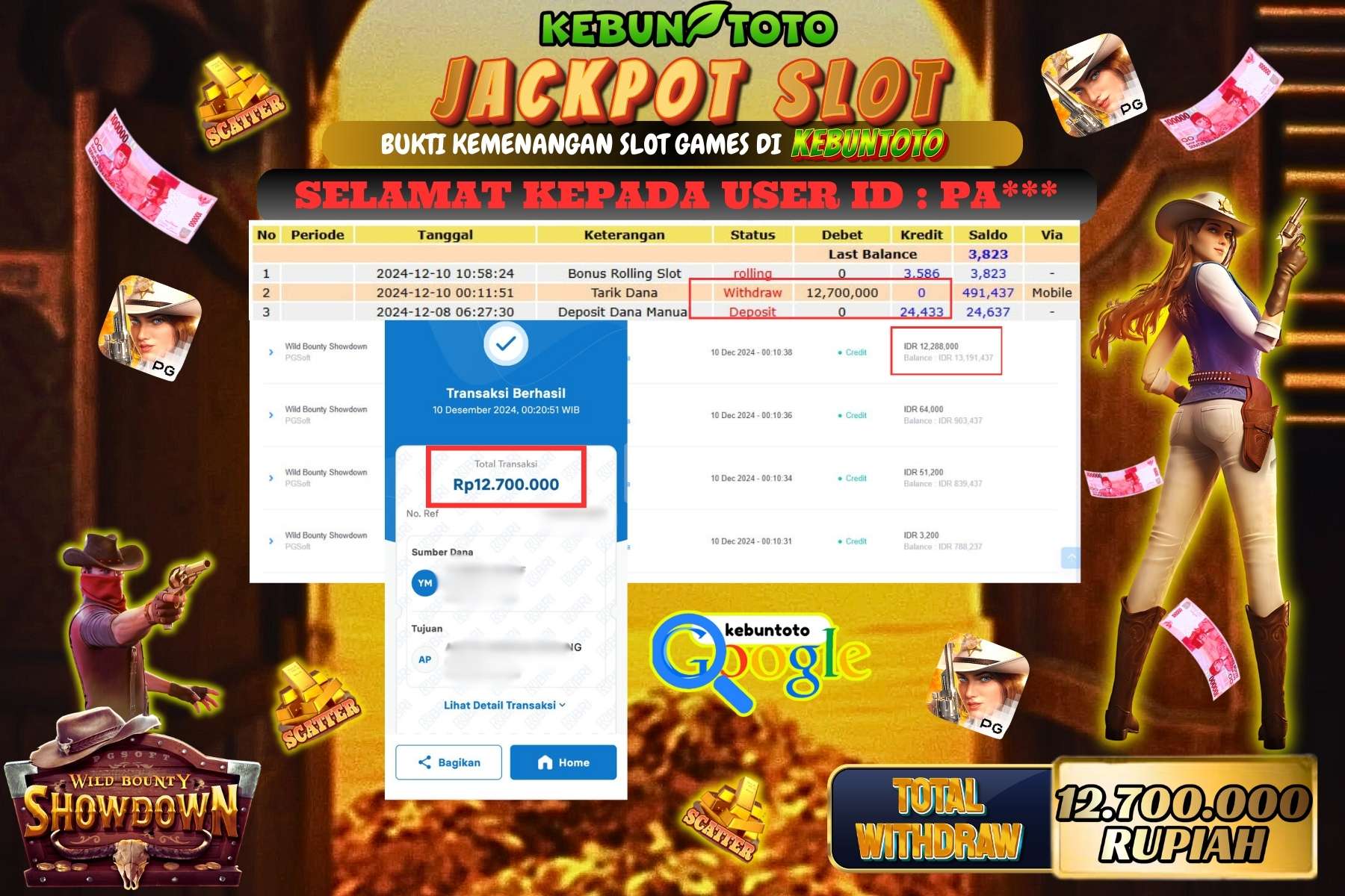 KEBUNTOTO JACKPOT SLOT WILD BOUNTY SHOWDOWN  , Sebesar Rp.12.700.000,- LUNAS
