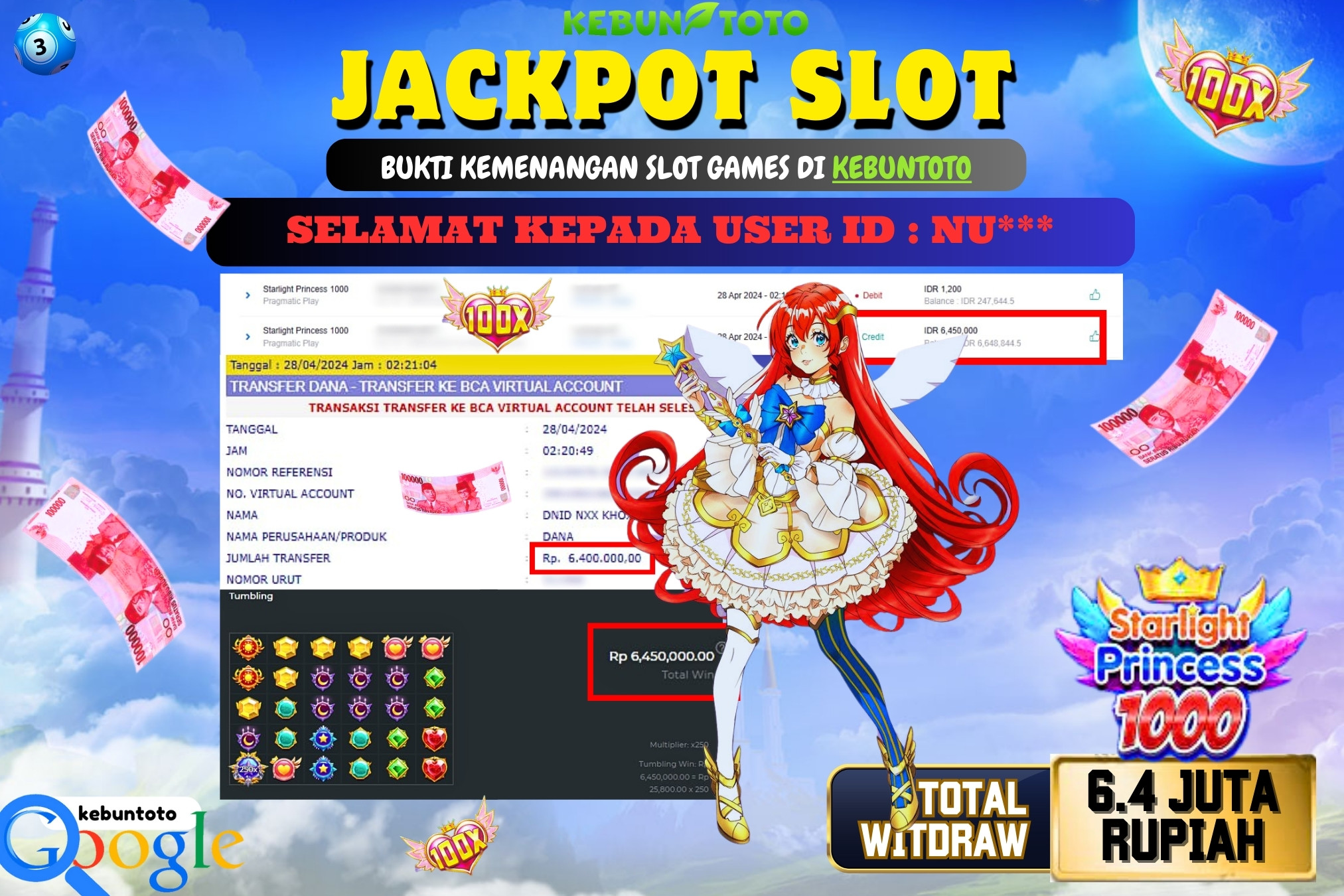 KEBUNTOTO JACKPOT SLOT STARLIGHT PRINCESS 1000 Rp.6.400.000,- LUNAS