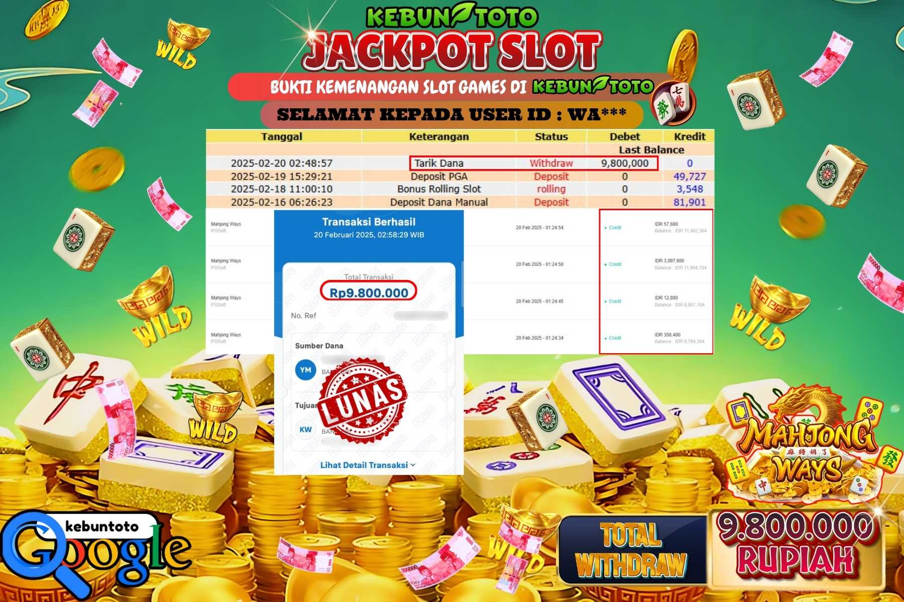 KEBUNTOTO JACKPOT, SLOT MAHJONG WAYS , Sebesar Rp 9.800.000,- LUNAS