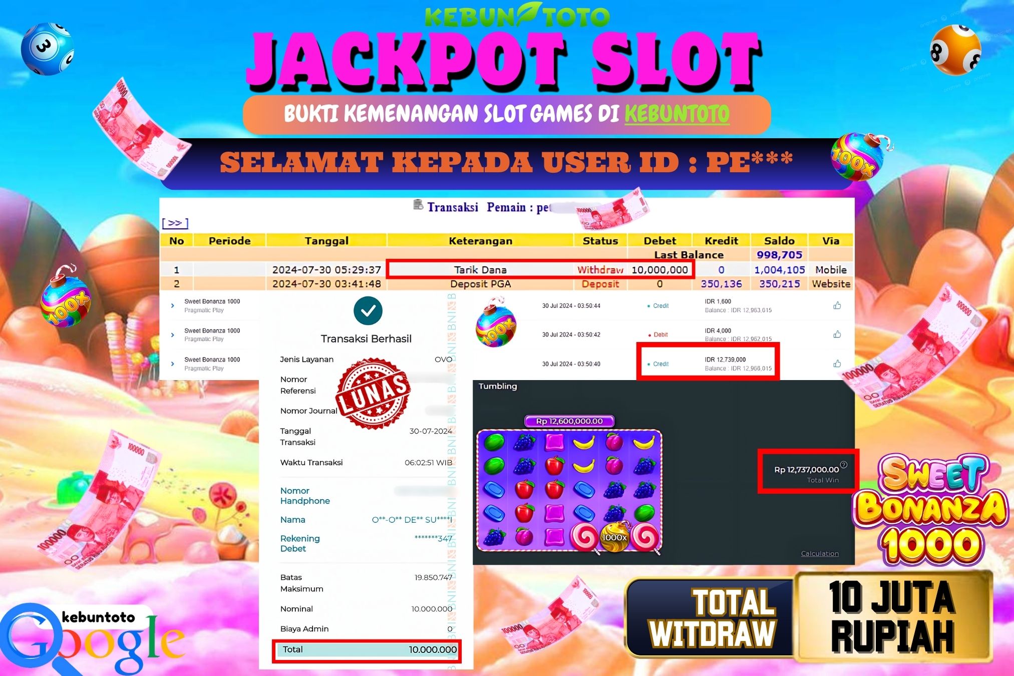 KEBUNTOTO JACKPOT SLOT SWEET BONANZA 1000 Rp.10.000.000,- LUNAS