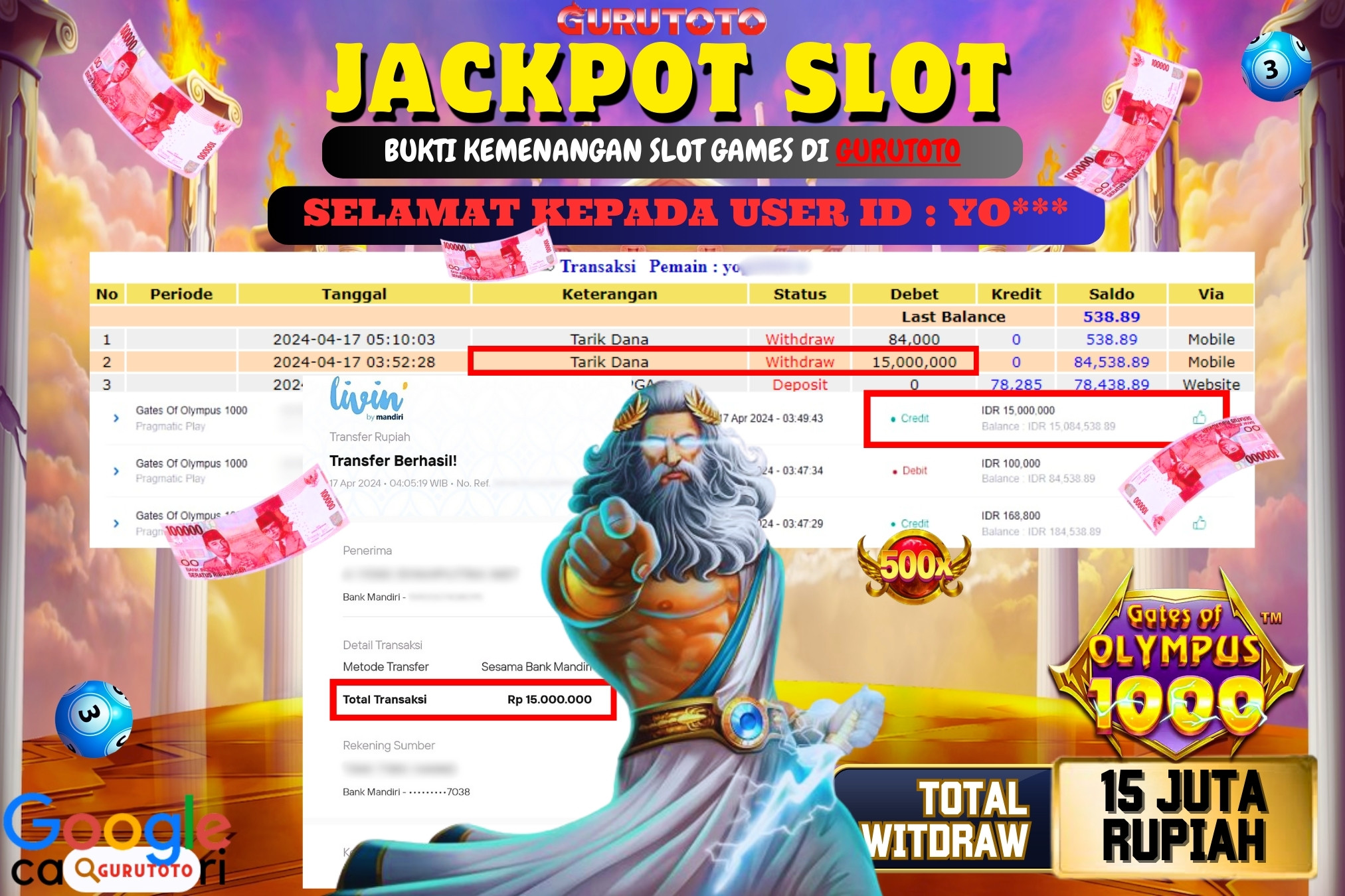 Jackpot Slot GATES OF OLYMPUS di Gurutoto sebesar Rp.15.000.000 dibayar lunas.
