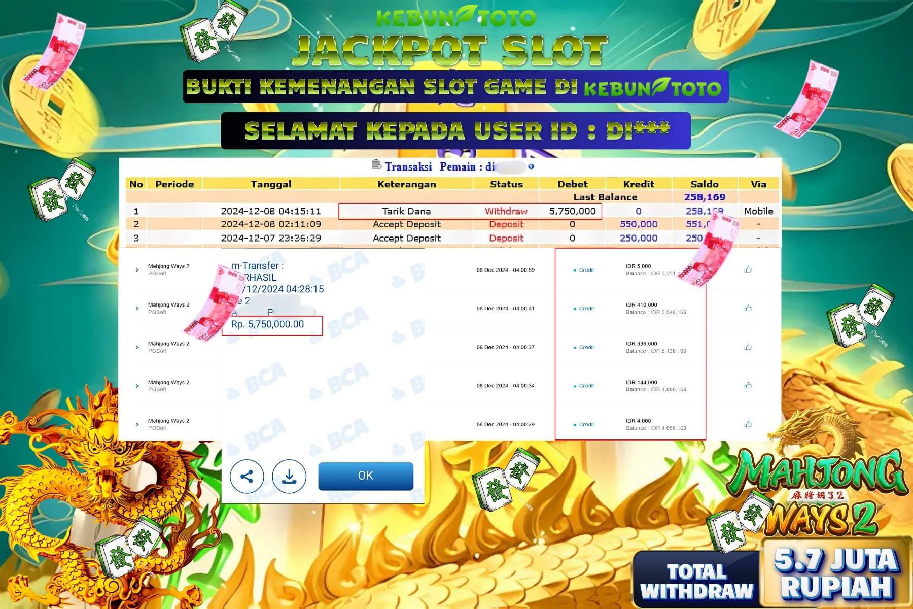 KEBUNTOTO JACKPOT SLOT MAHJONG WAYS 2 Rp.5.700.000,- LUNAS