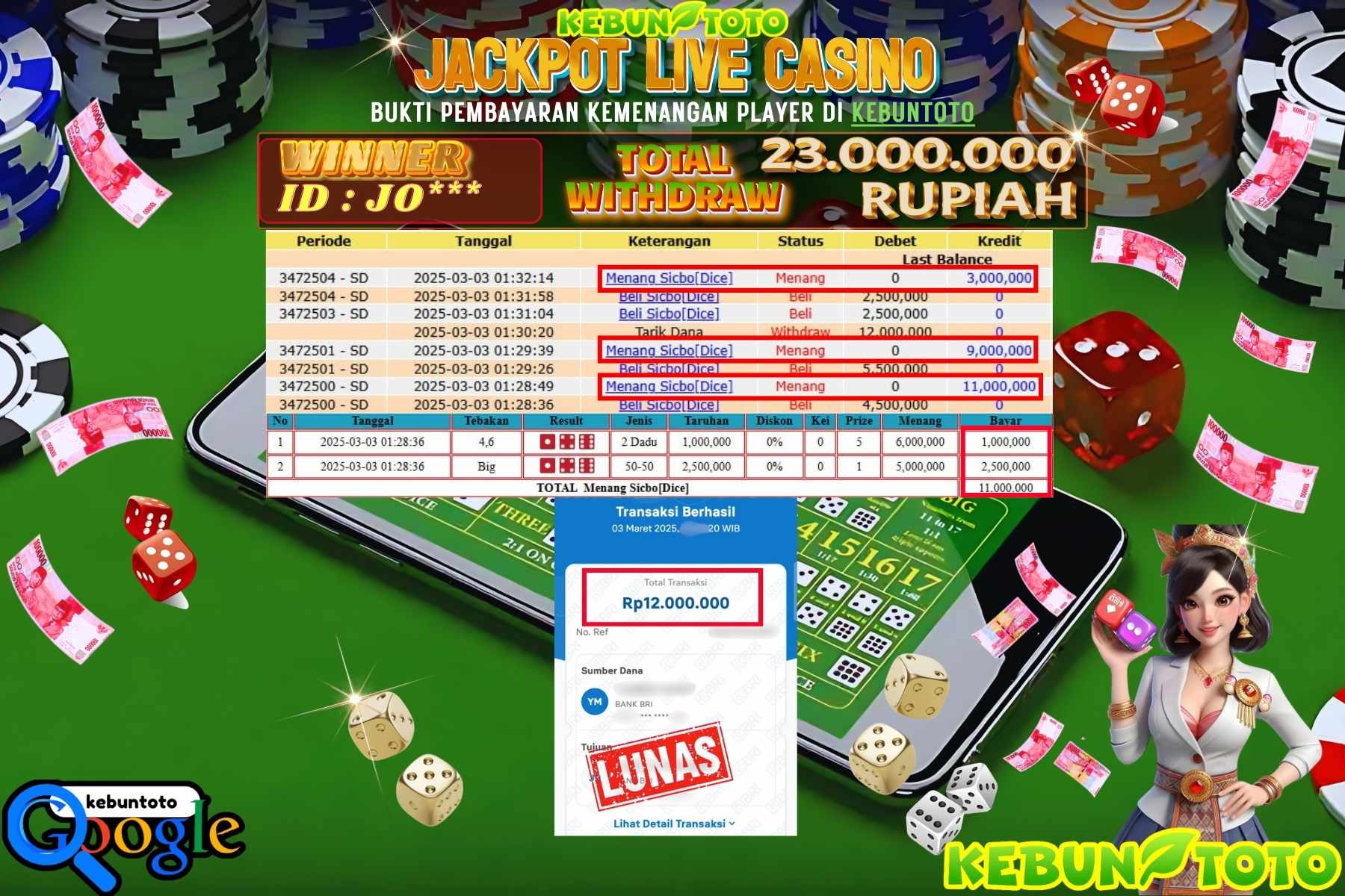 KEBUNTOTO JACKPOT, LIVE CASINO SICBO DICE Sebesar Rp 23.000.000,- LUNAS