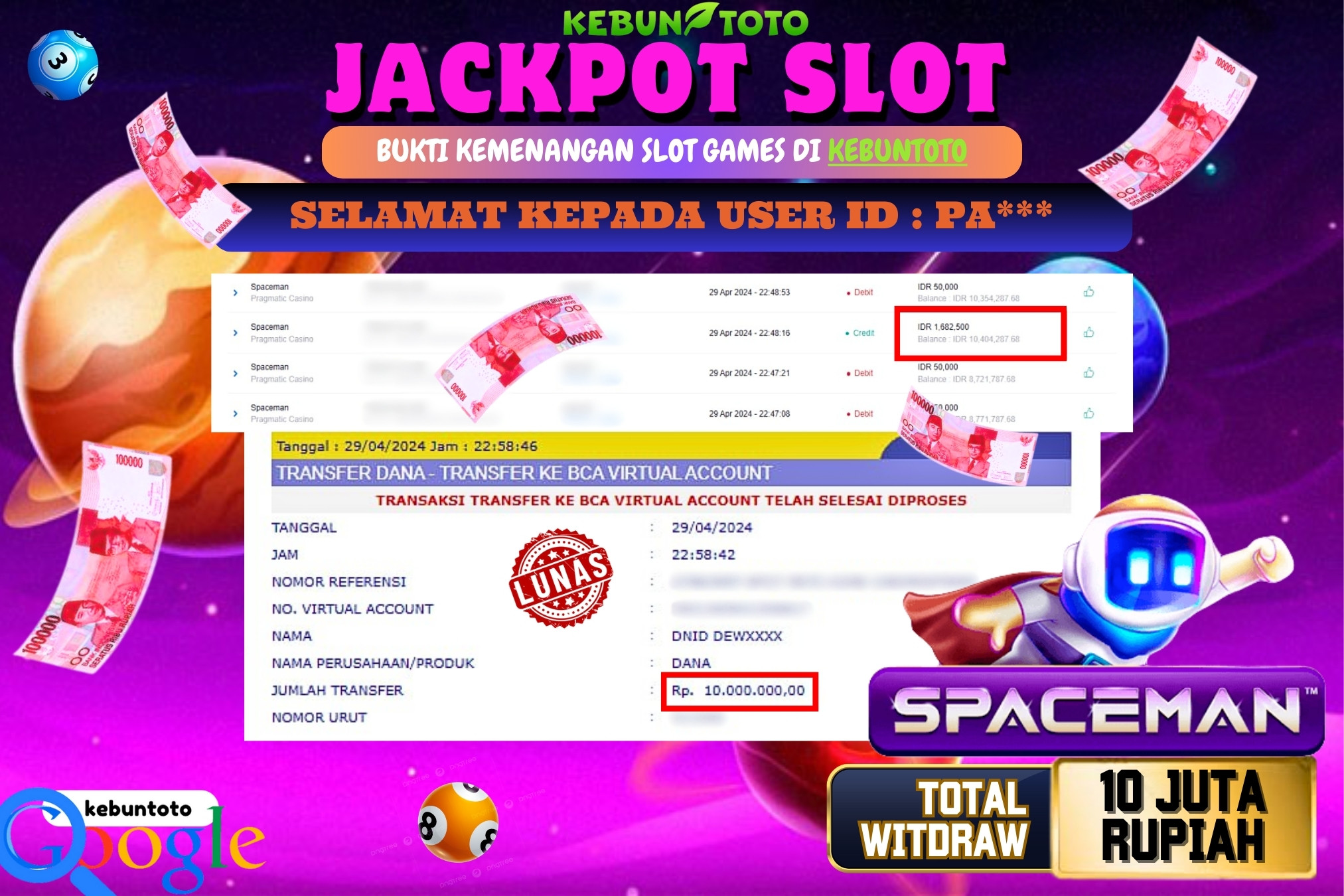 KEBUNTOTO JACKPOT SLOT SPACEMEN Rp.10.000.000,- LUNAS