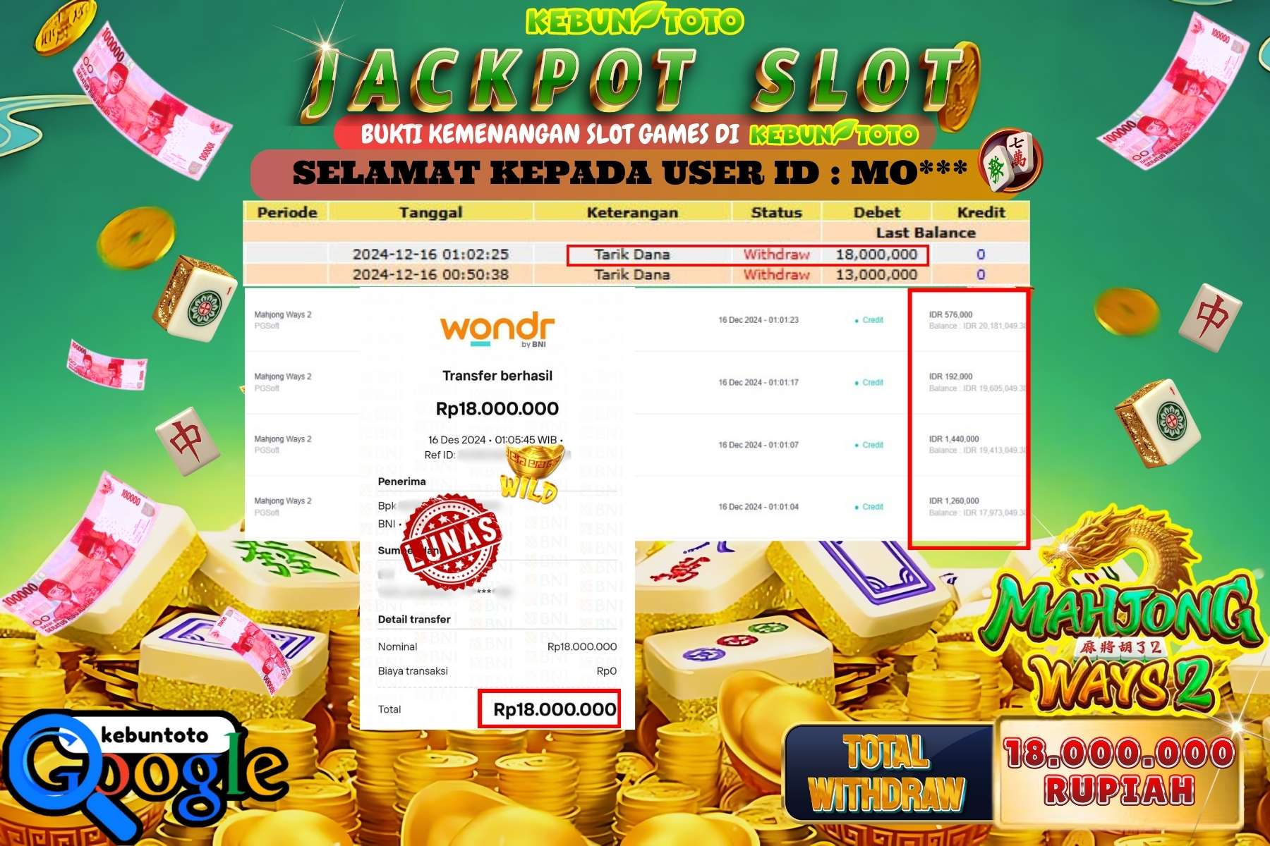 KEBUNTOTO JACKPOT SLOT MAHJONG WAYS 2 , Sebesar Rp.18.000.000,- LUNAS